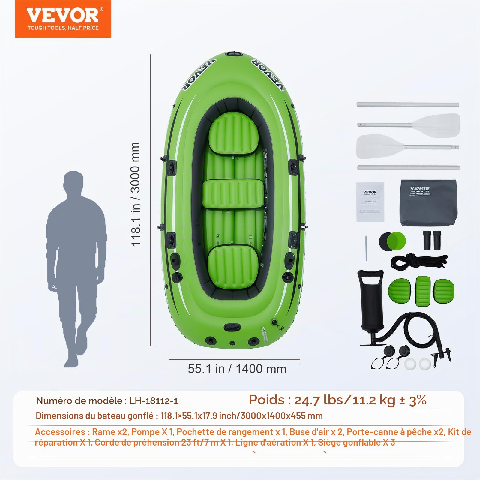 VEVOR Bateau Gonflable,Bateau de Pêche Pneumatique pour 2-5 Personnes,Kayak en PVC Solide,avec Rames en Aluminium de 116 cm,Pompe à Haut Rendement,Capacité de Charge 226,8-499 kg pour Adultes Enfants