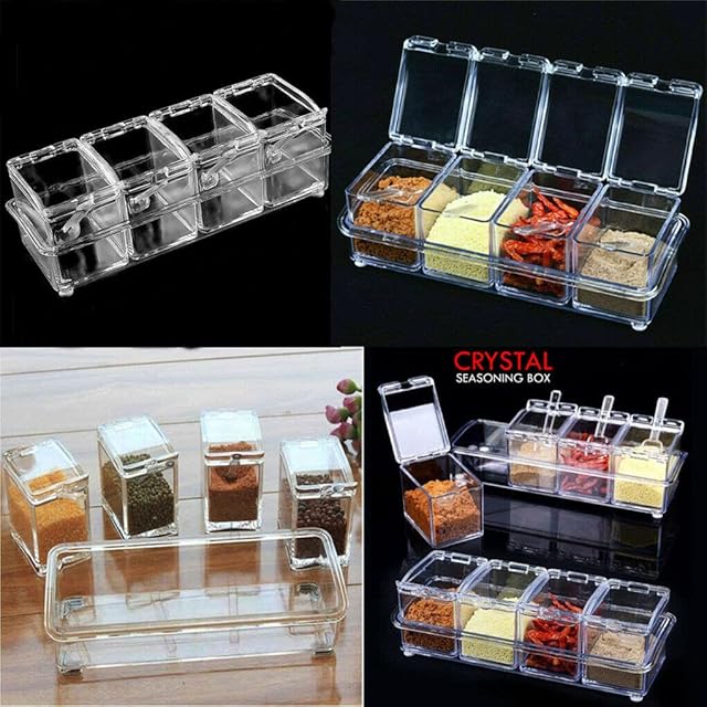 Acrlic Seasoning Spice Box Jar with Spoons Condiment Dispenser Storage Container, Transparent