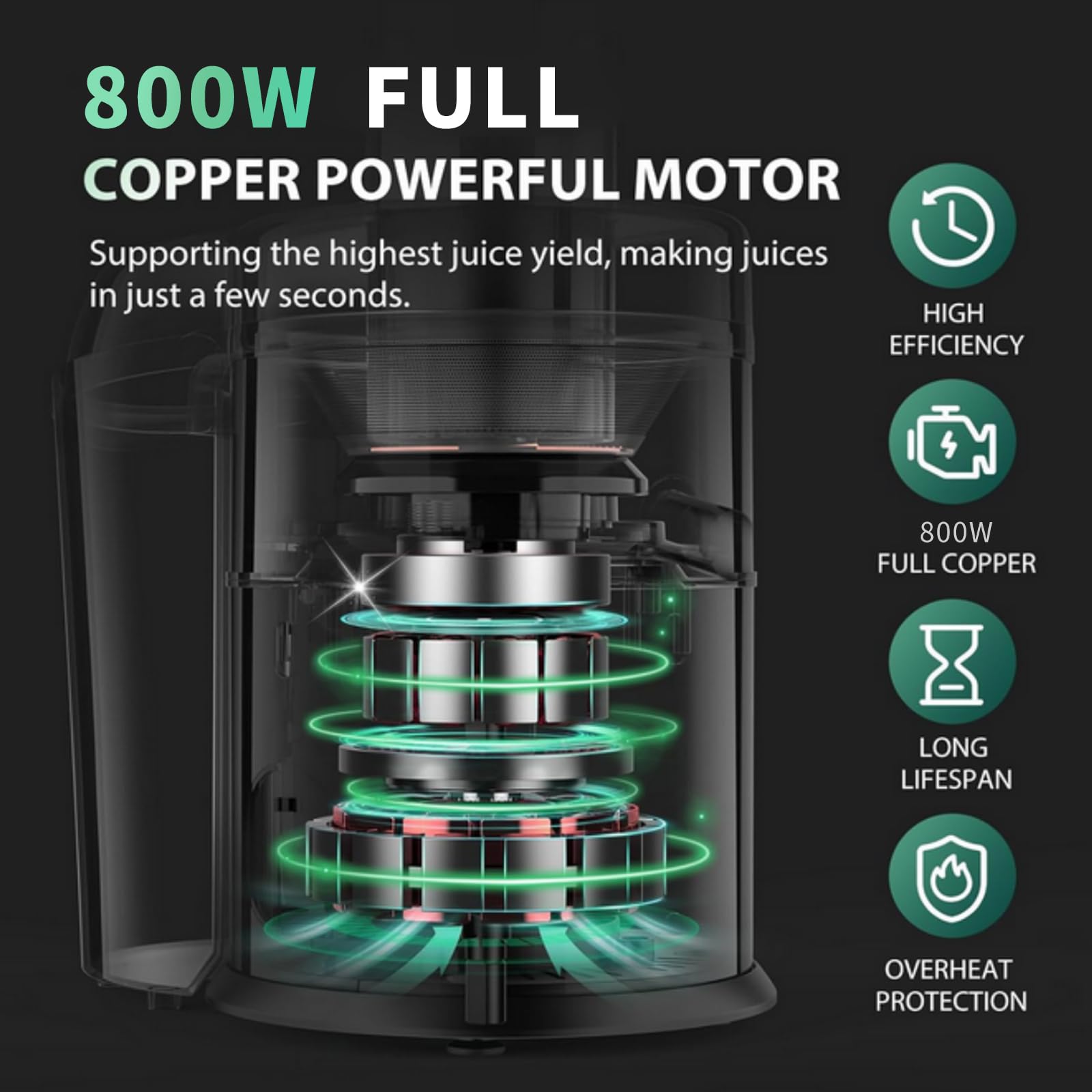 Exprimidores centrífugos, extractor de jugo de 800 W con canal de alimentación extra grande de 2.8 pulgadas, motor de cobre completo, filtro chapado en titanio, alto rendimiento de jugo, doble 6