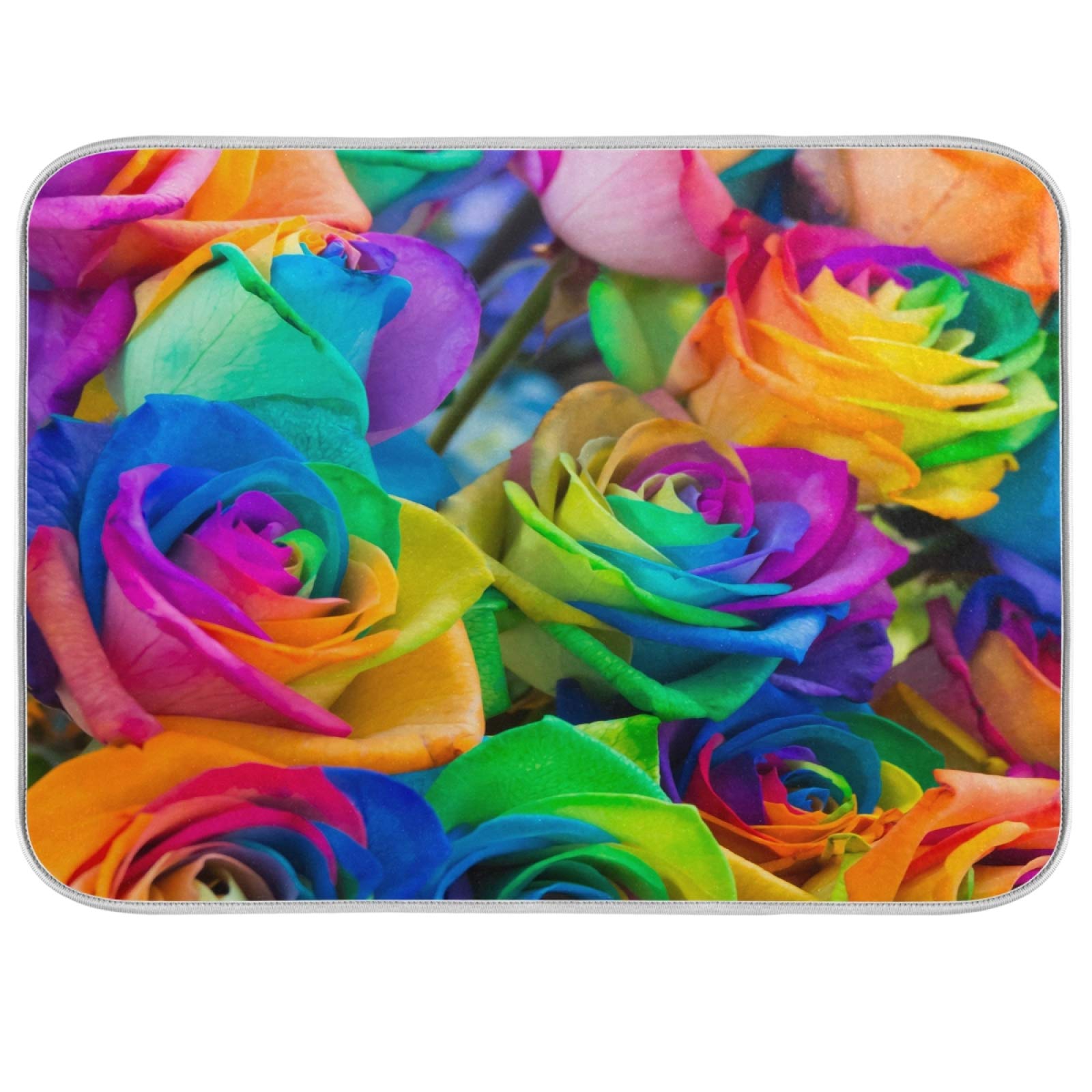 ALAZA Colorful Rose Flower Rainbow Watercolor Dish Drying Mat for Kitchen Counter 16 x 18 Inch