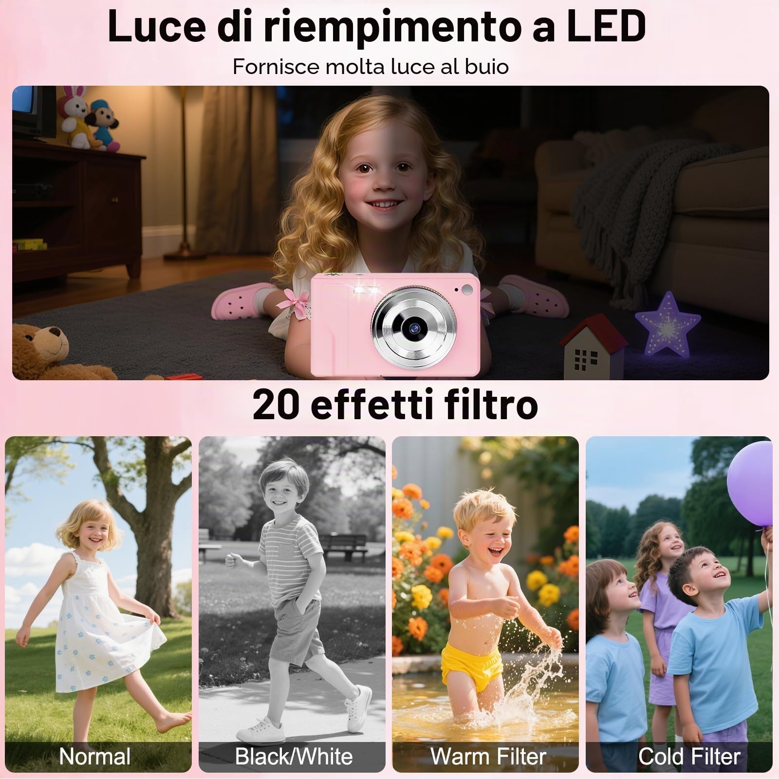 Fotocamera Digitale 56MP 1080P FHD con Autofocus16X Zoom Digitale, Fotocamera Compatta Portatile con Schermo LCD 2,8", Scheda SD 32GB 2 Batterie Perfetta per Adolescenti, Principianti (Rosa)