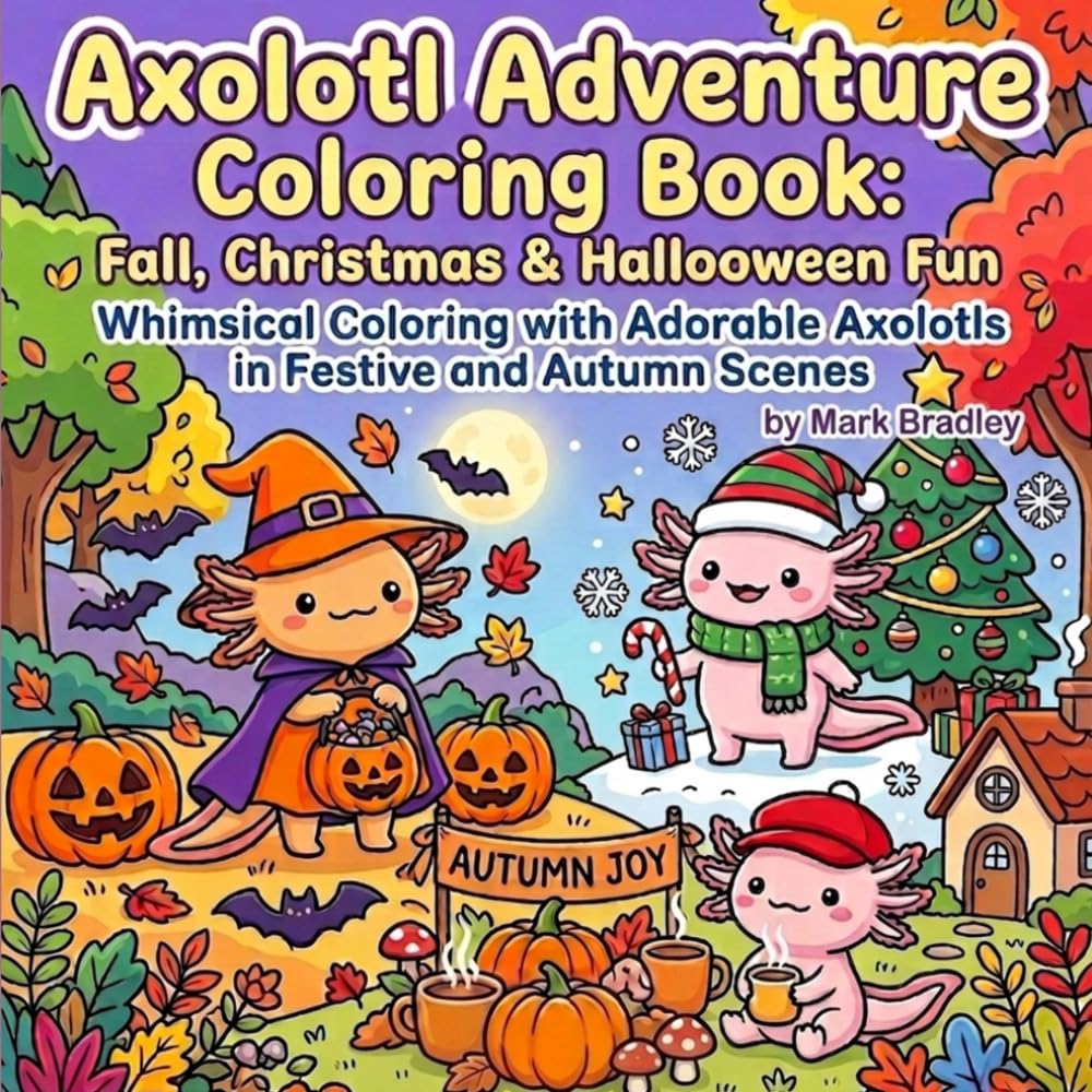 Axolotl Adventure Coloring Book: Fall, Christmas & Halloween Fun Whimsical Coloring with Adorable Axolotls in Festive and Autumn Scenes