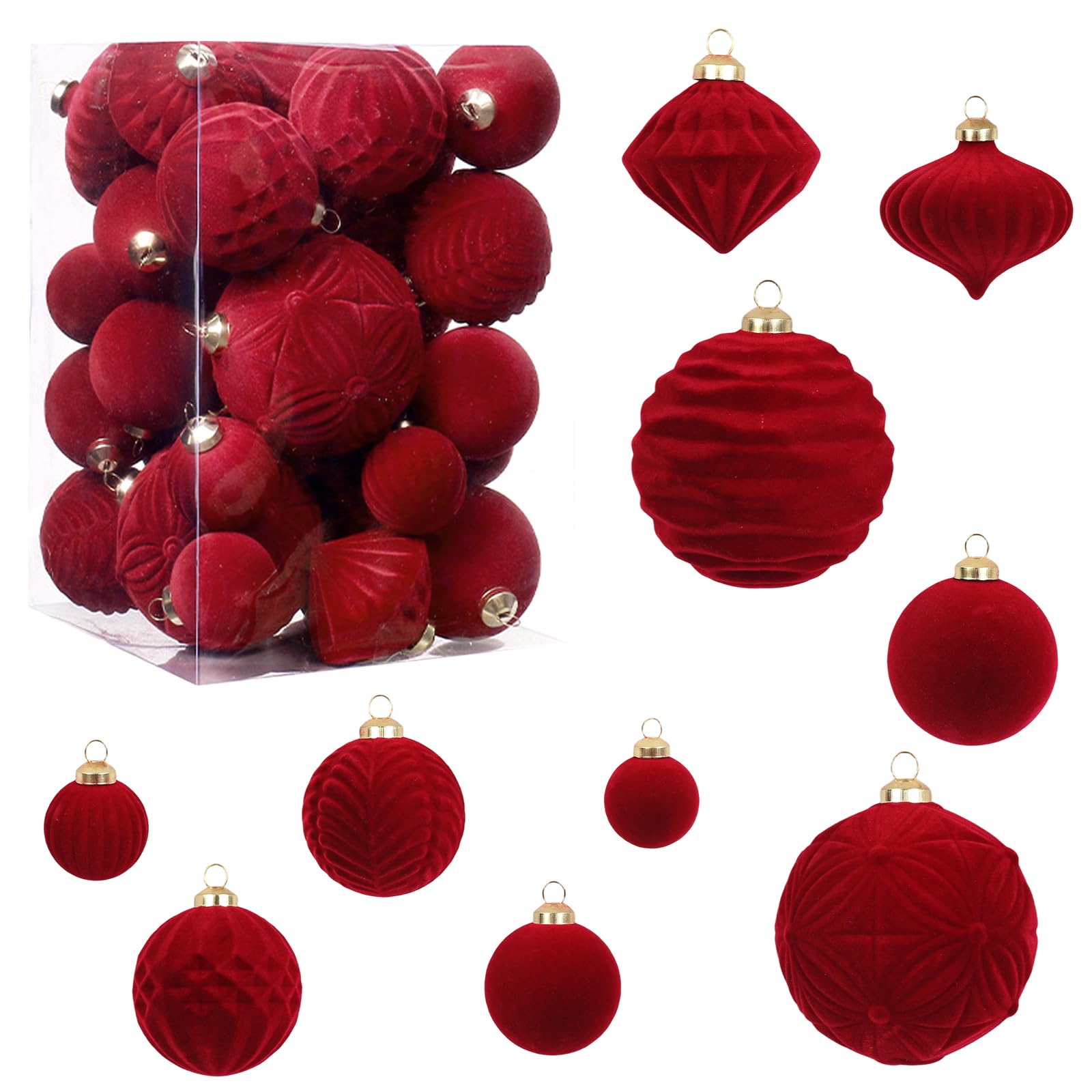 Lot de 35 boules de Noël en velours incassable floqué - Boules décoratives à suspendre pour sapin de Noël, fête, vacances, décoration