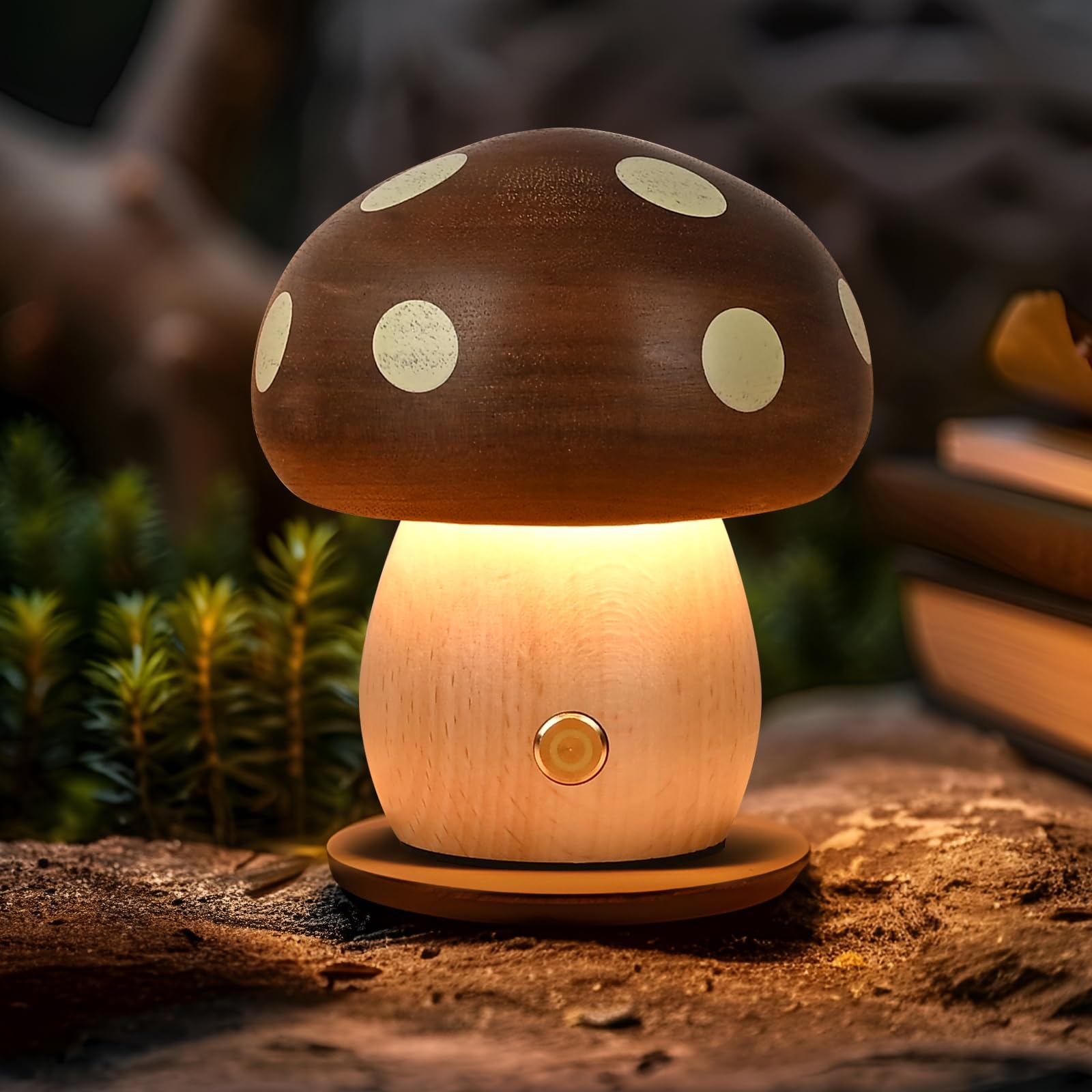 Cordless Wood Mushroom Lamp Small Battery Operated Wooden Table Lamp Portable Night Light 3-Level Dimmable Touch Control Warm