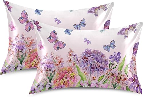 Miniatura 2 de Funda de almohada de satén para cabello y piel, funda de almohada de seda tamaño King, diseño de flores de hortensias, mariposas florales, fundas de
