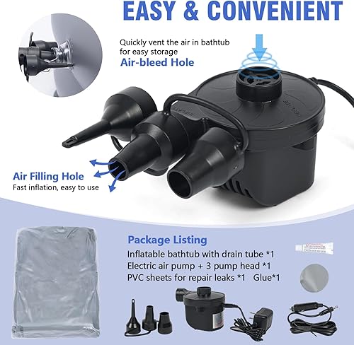 Miniatura 3 de Bañera inflable médica, kit de lavabo de ducha, bañera portátil de PVC con bomba de aire eléctrica, lavado de bañera portátil de cuerpo completo en