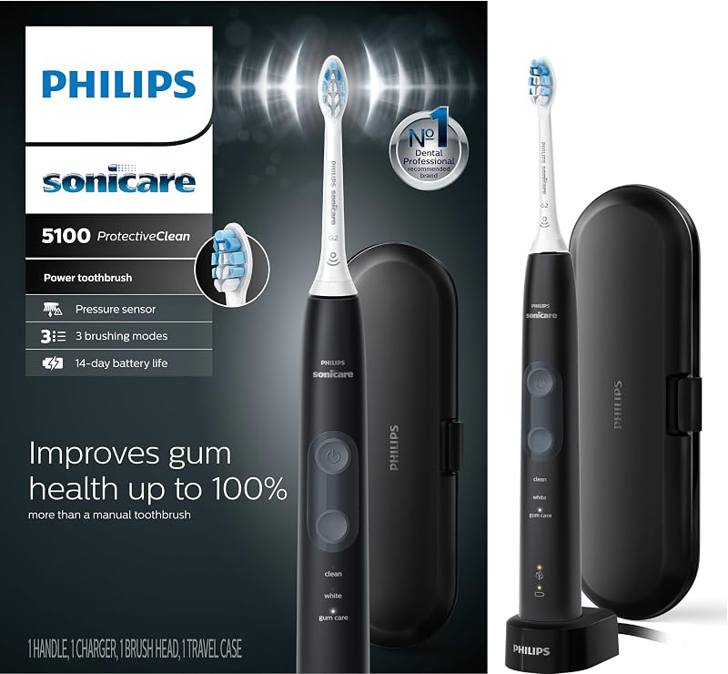 5100 Cepillo de dientes eléctrico recargable, 1 cabezal, negro | 300 % más de eliminación de placa¹, sensor de presión visual, 3 configuraciones de cepillo, batería de 14 días, QuadPacer, estuche de viaje, HX6850/60