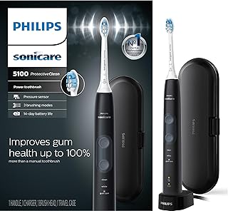 Philips Sonicare ProtectiveClean 5100 Rechargeable Electric Toothbrush, with Pressure Sensor, 3 Cleaning Modes, SmarTimer and QuadPacer, 14-Day Battery Life, Travel Case, Black, Model HX6850/60