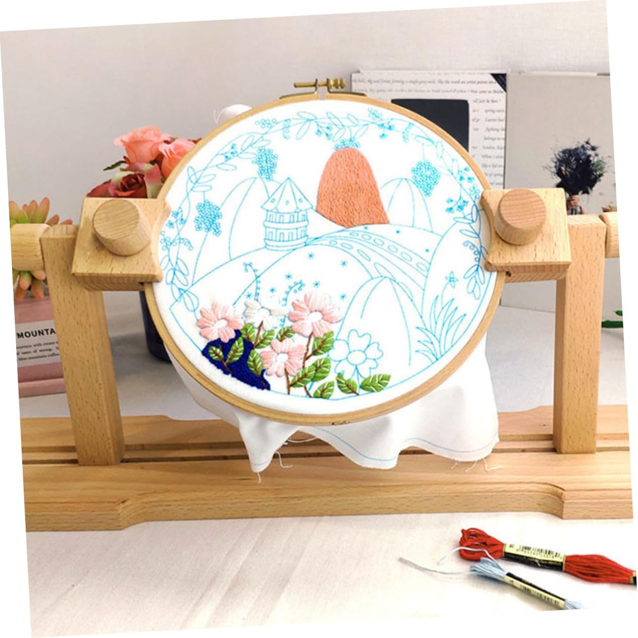 KALLORY Adjustable Beech Wood Cross Stitch Rack Multi-Functional Embroidery Holder for Home Use Versatile Tabletop Stand for Needlework Projects