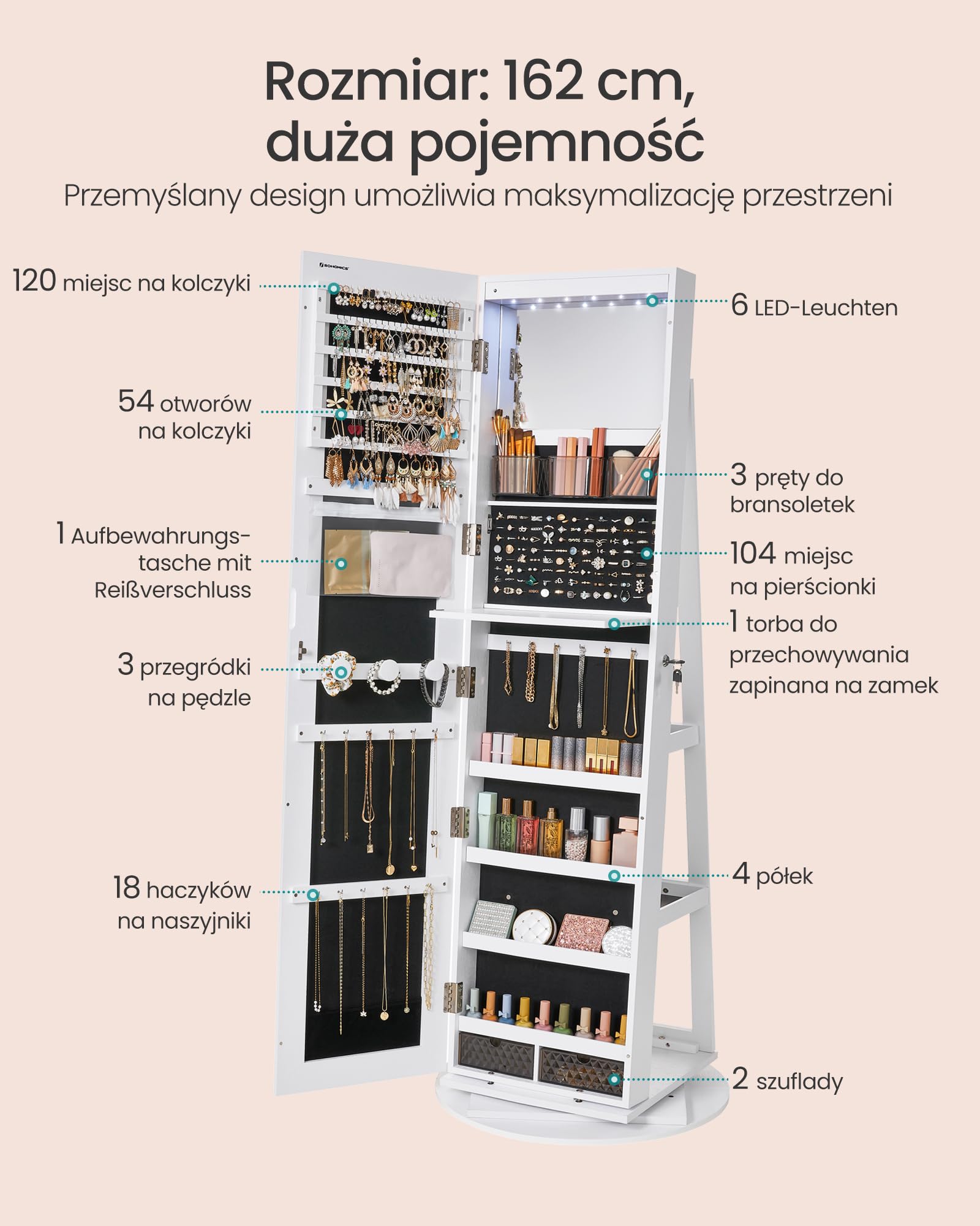SONGMICS Szafa na biżuterię, szafa lustrzana, z lustrem bez ramy na całej długości, 3 półki, obracana o 360°, zamykana, biała JJC007W01