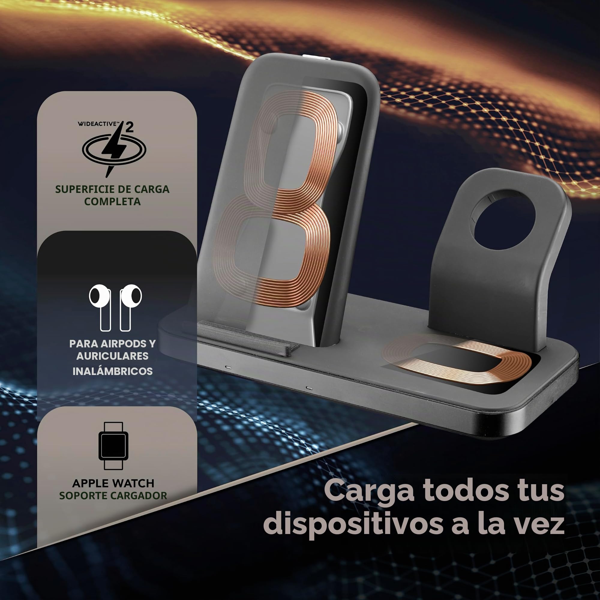 Cellularline | Trio Wireless Charger | Cargador inalámbrico 3 en 1 para Dispositivos Apple: iPhone, Apple Watch, Airpods