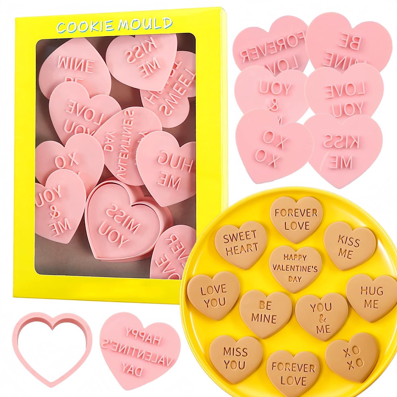 SamHeng Heart Cookie Cutter & Stamp Set, 10 Pcs Biscuit Moulds