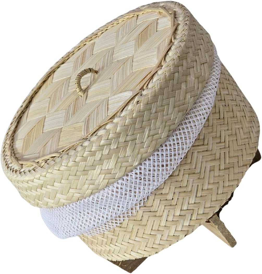Thai Sticky Rice Steamer Basket with Mesh Liner & Lid | Traditional Handwoven Bamboo Container 6.5”