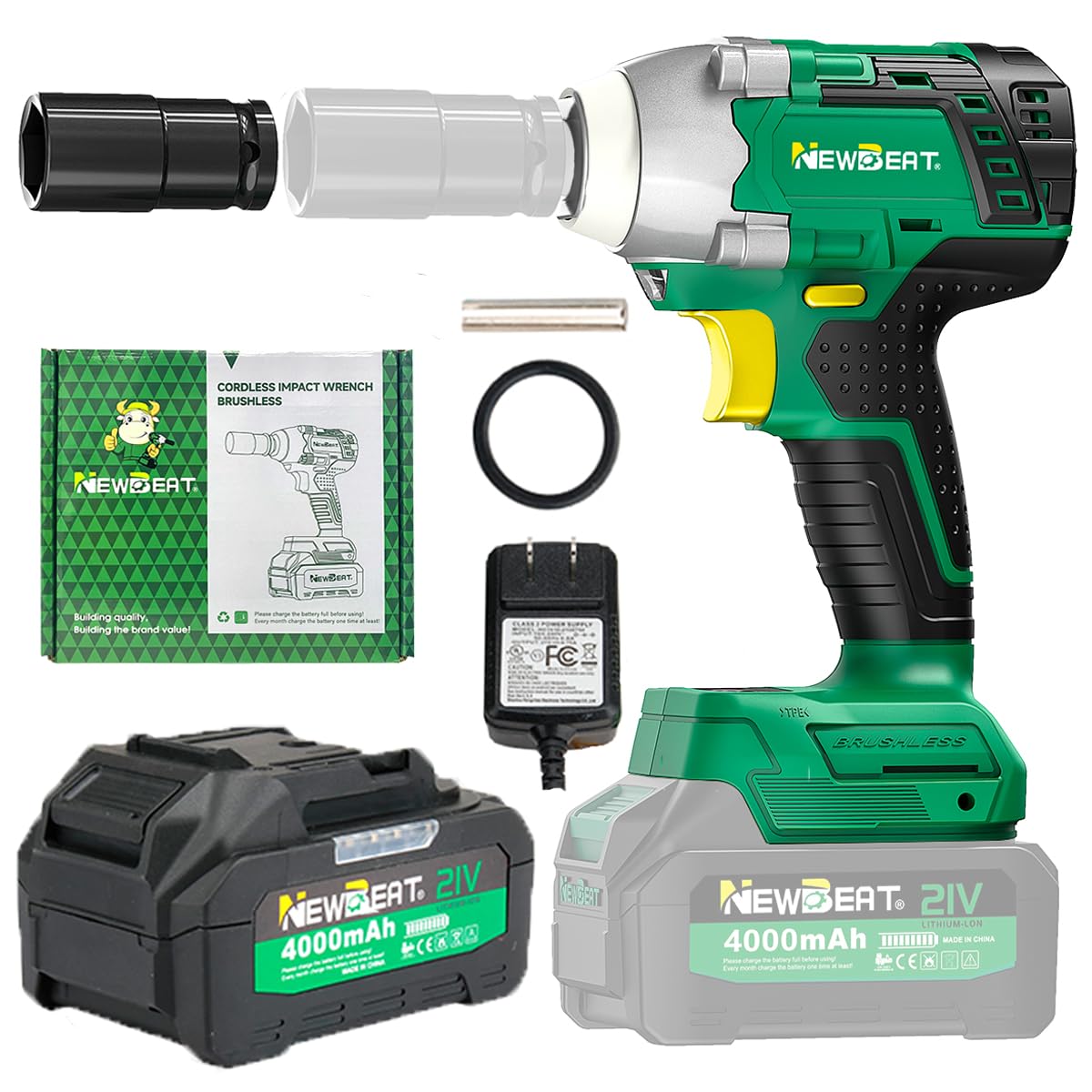 NEWBEAT Cordless Impact Wrench, 21V Brushless 1/2 inch Impact Wrench, Electric Impact Gun, Power Impact Driver with 4.0Ah Battery and Charger,