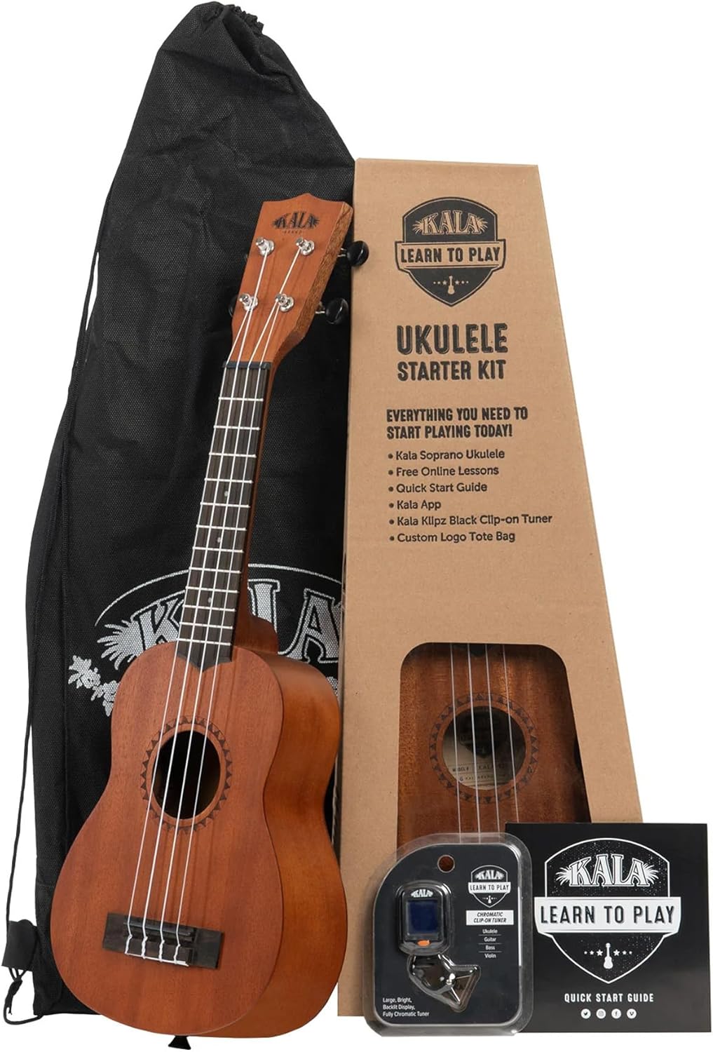 Official Kala Learn to Play Ukulele Concert Starter Kit, Satin Mahogany – Includes online lessons, tuner app, and booklet (KALA-LTP-C)