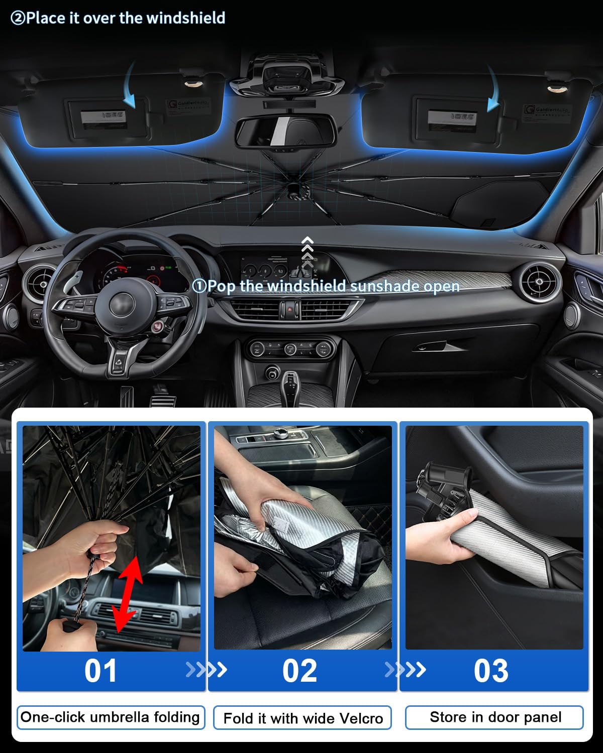 SHAOHAO Compatibile con Alfa Romeo Stelvio SUV 2017-2026 Parasole per auto Parasole per parabrezza Facile da riporre Maniglia con cordino Protezione UV Accessori parasole