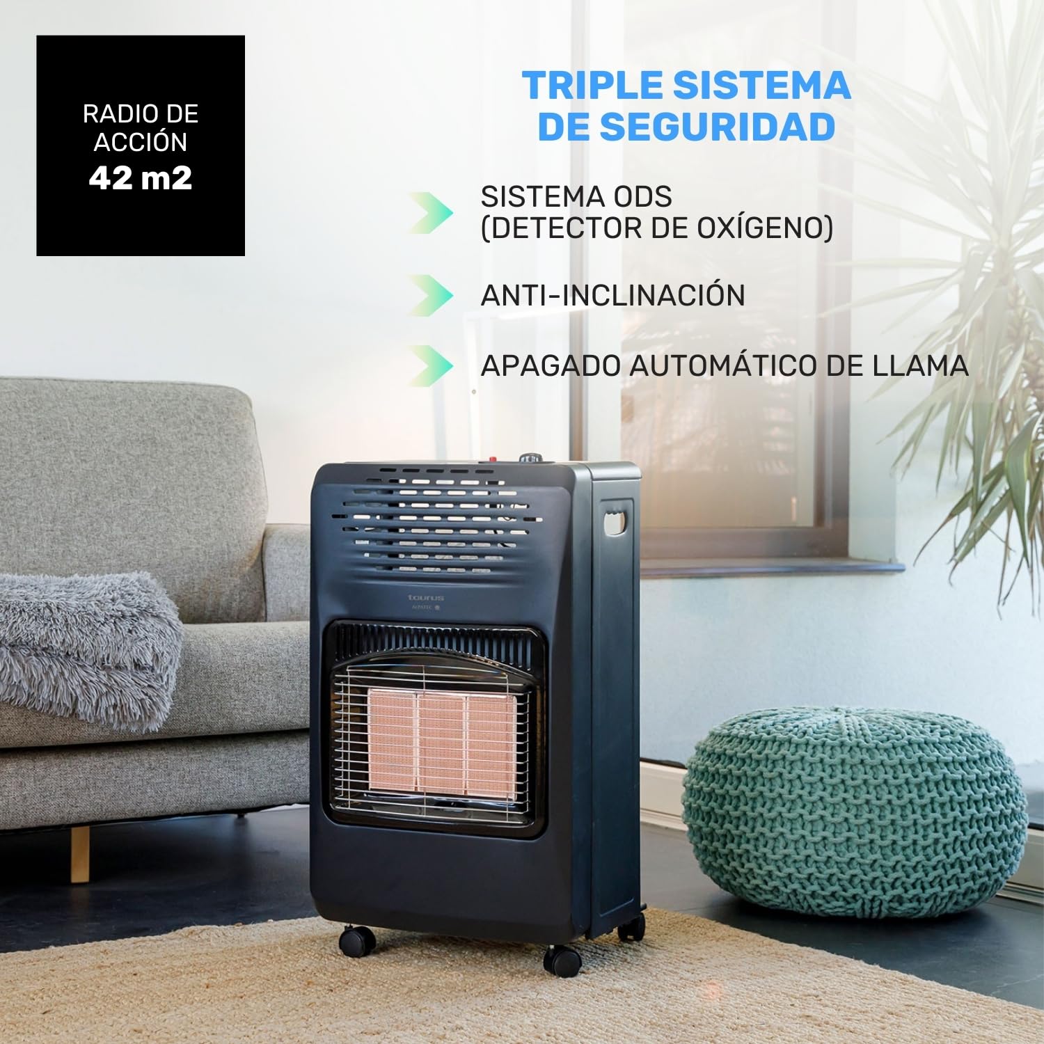 Taurus Gas Compact - Estufa de gas butano, estufa plegable, 4.2kW, 3 niveles de potencia, encendido piezoeléctrico, triple sistema de seguridad, 5 ruedas, bombona carga butano de máx 15kg