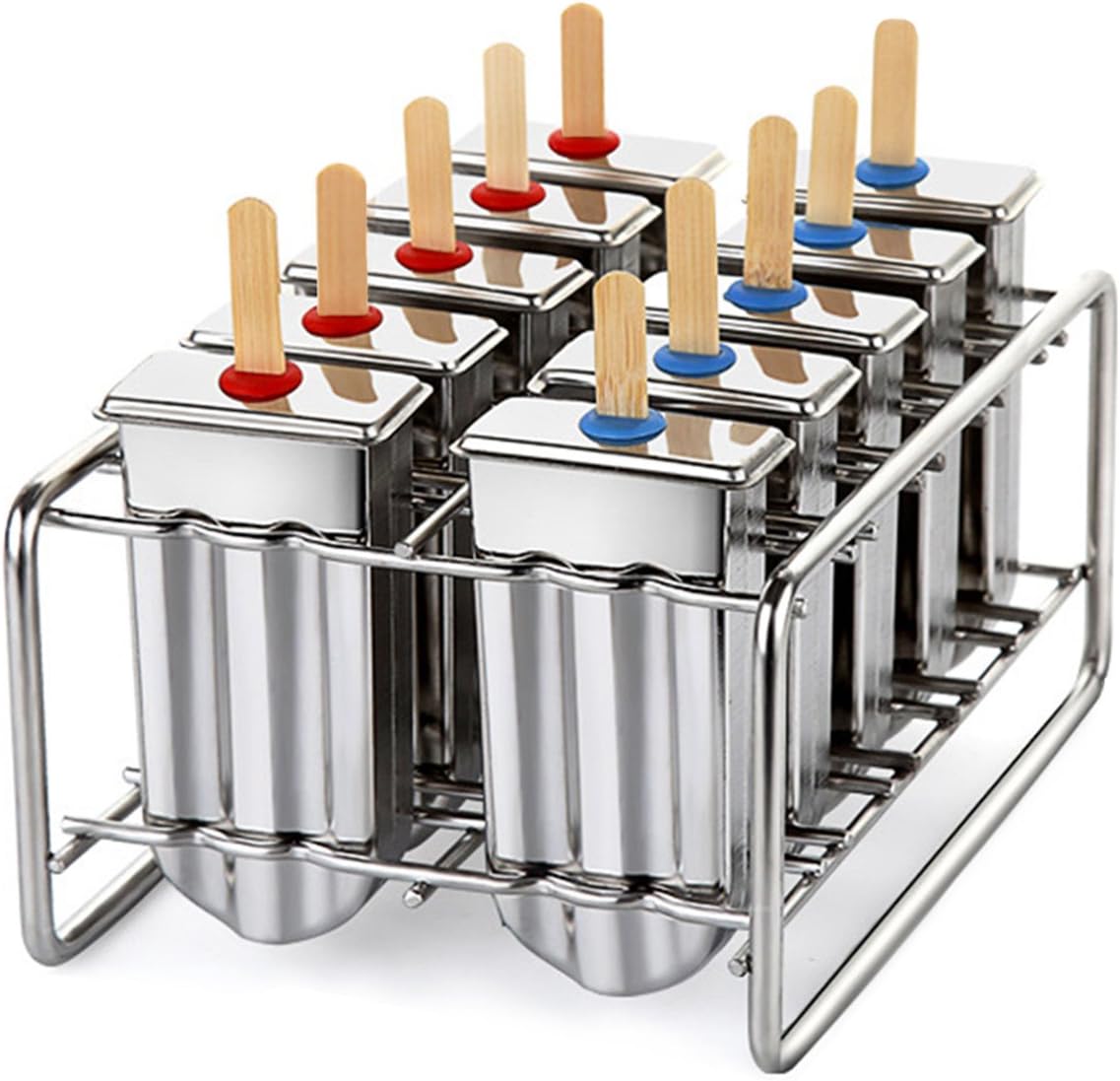 Stainless Steel Ice Lolly Popsicle Molds Kit/Ice Pop Makers With Tray/100 Reusable Bamboo Sticks/16 Silicone Seals/20 Pop Bags/Cleaning Brush(Set of 10)