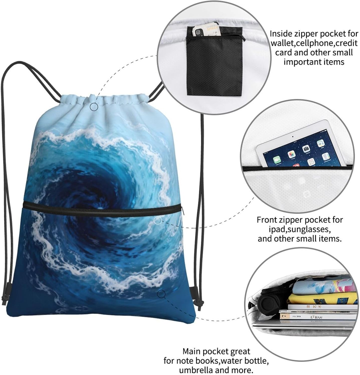 Blue Vortex Print Drawstring Gym Bag, Stylish Sports Bag Unisex, Yoga Bag and Travel Drawstring Bag