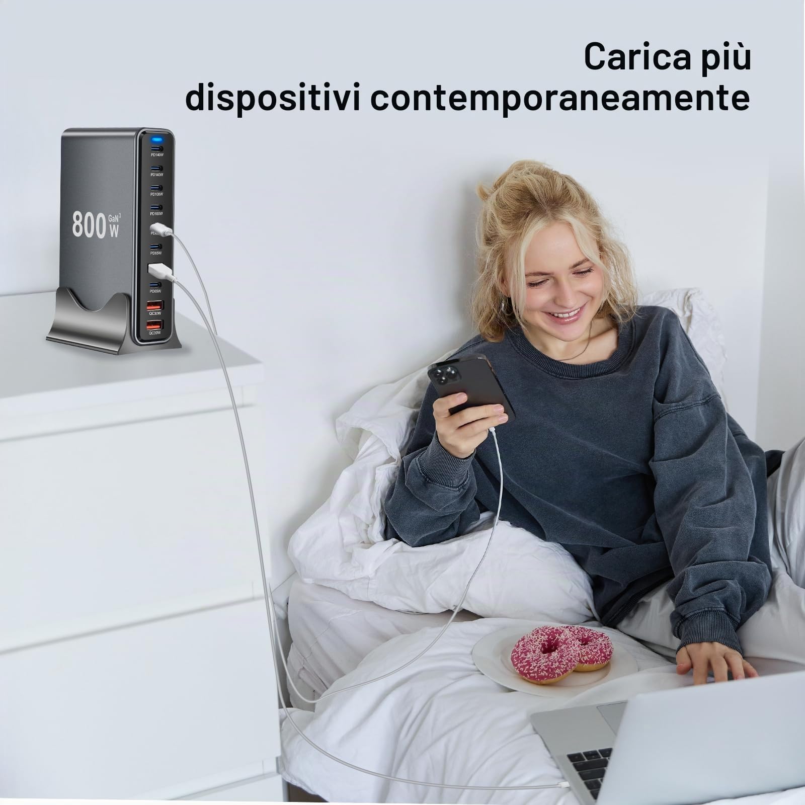 800W Stazione di Ricarica USB, Caricatore USB Multiplo PD per dispositivi da 140 W 100W e 65W, Caricabatterie Multiplo con 10 porte compatibile con MacBook, iPad, iPhone 16/15/14, DELL, HP