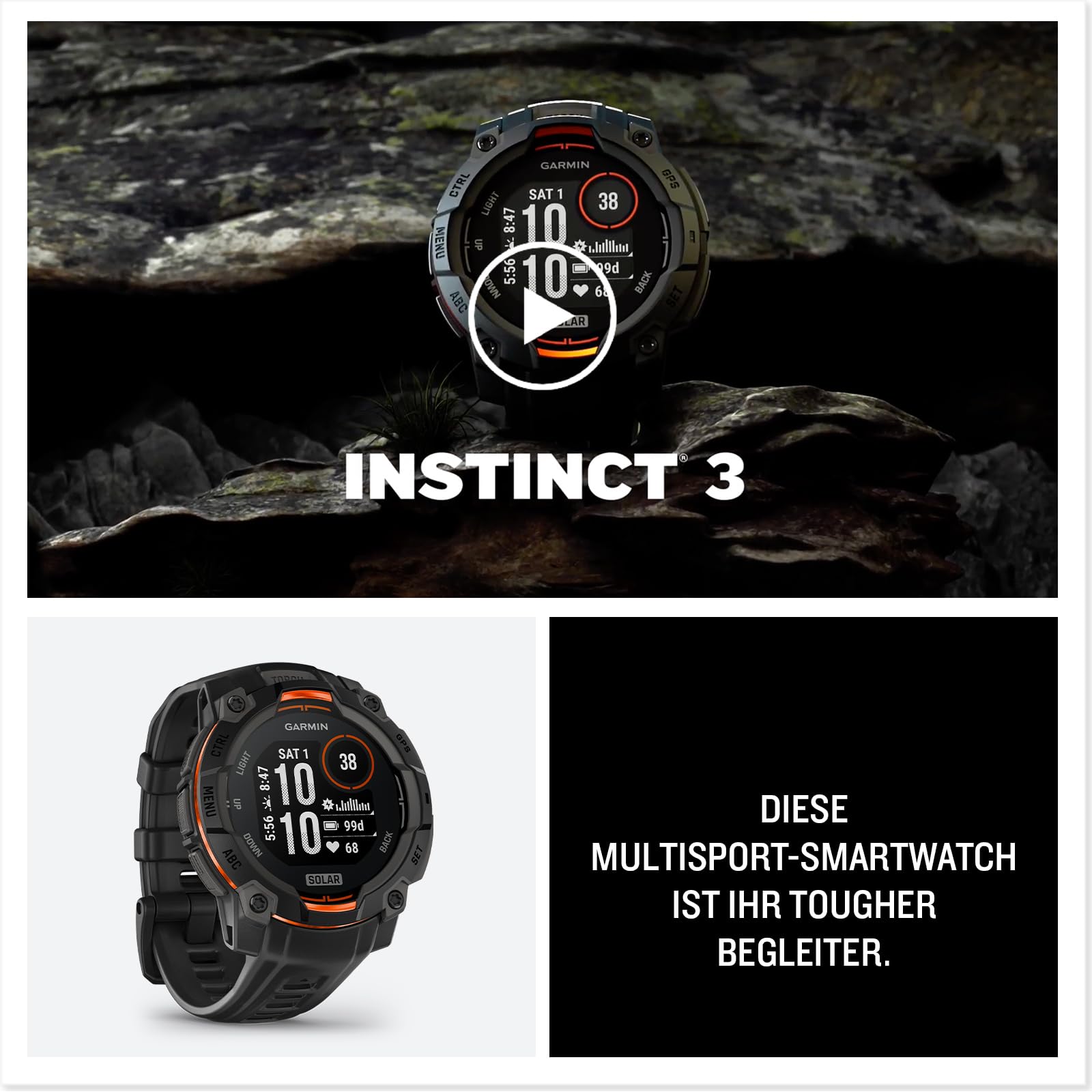 Garmin Instinct 3, Solar 45mm Rugged GPS smartwatch, Black | Solar charging,built in sports & health apps, LED flashlight, shock resistant,10ATM,unlimited battery life w/ Solar charging