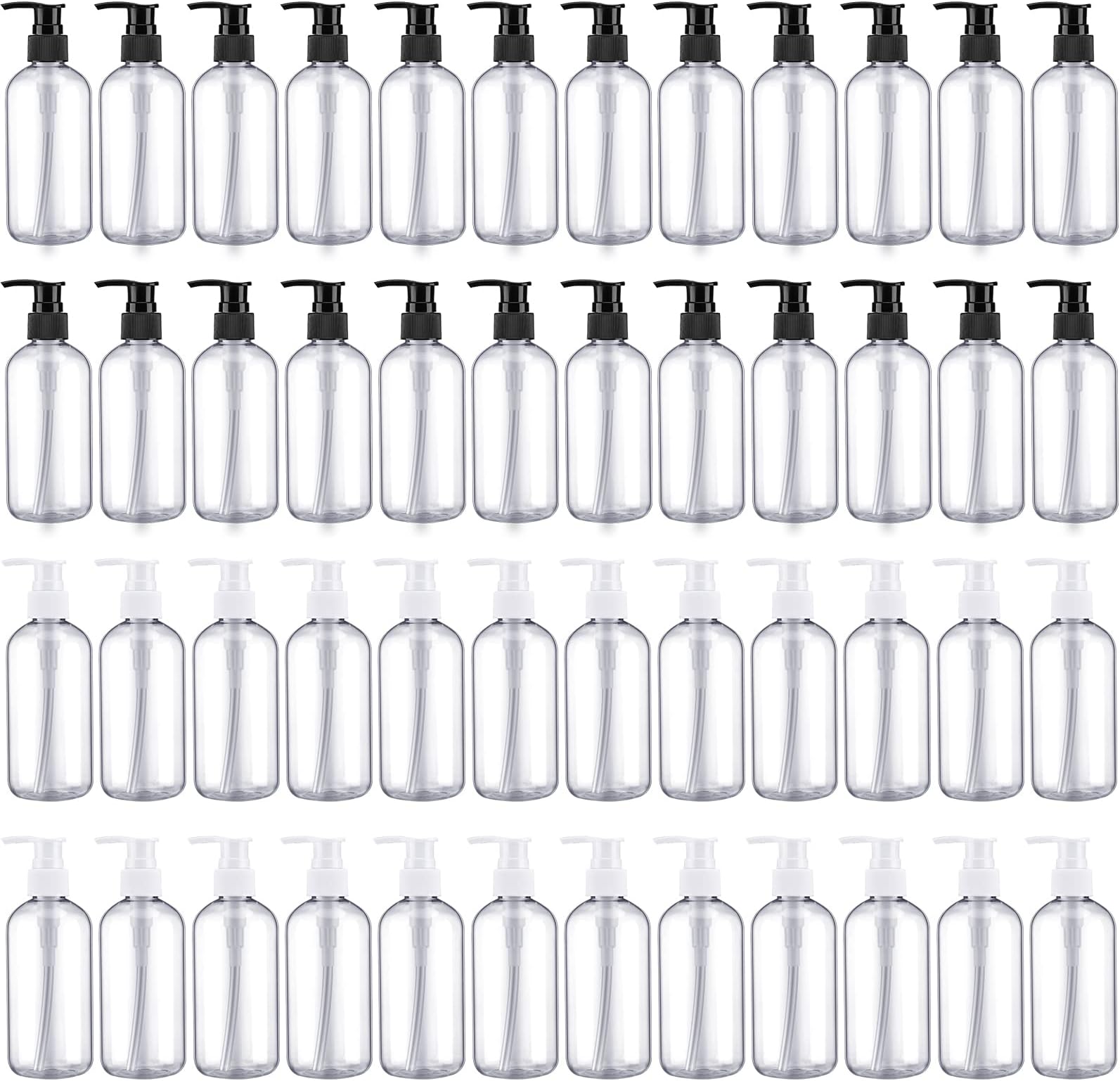 48 Pcs Pump Bottle Lotion Dispenser Refillable Shampoo Conditioner Hand Soap Dispenser Plastic Empty 8oz/250ml Clear Reusable Body Wash Container Bulk(Clear, White, Black)