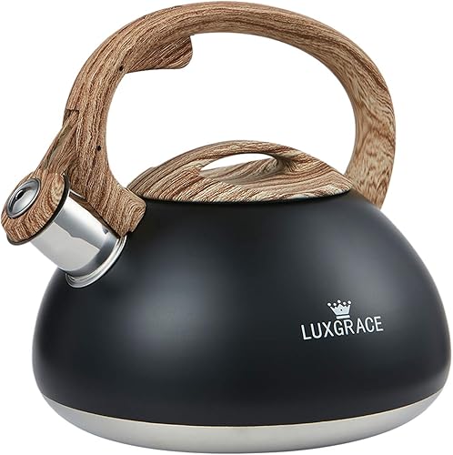 Miniatura 1 de Tetera silbadora de té con mango de madera, silbato fuerte, acero inoxidable de grado alimenticio para estufas, hervidor de agua (azul)