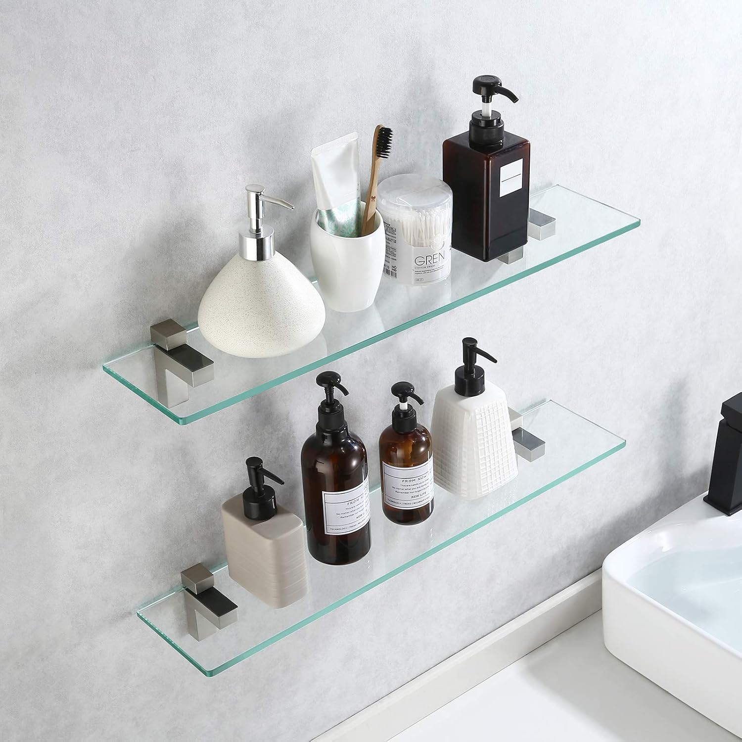 KES Glass Shelves for Bathroom, 23.6 Inches Bathroom Shelf with Tempered Glass and Brushed Nickel Bracket Wall Mount 2 Pack, BGS3201S60-2-P2 - - 