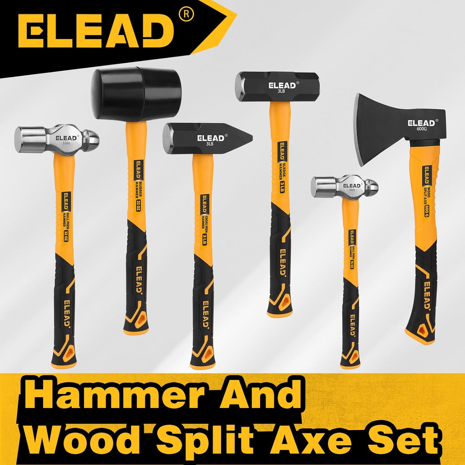 ELEAD 6-Piece Mallet Hammer Set, Fiberglass Handle Forge Steel Head, 32oz Rubber Mallet & Ball Peen Hammers, 16oz Ball Peen Hammer, 3LB Sledge & Cross Peen Hammers, 600g Wood Split Axe