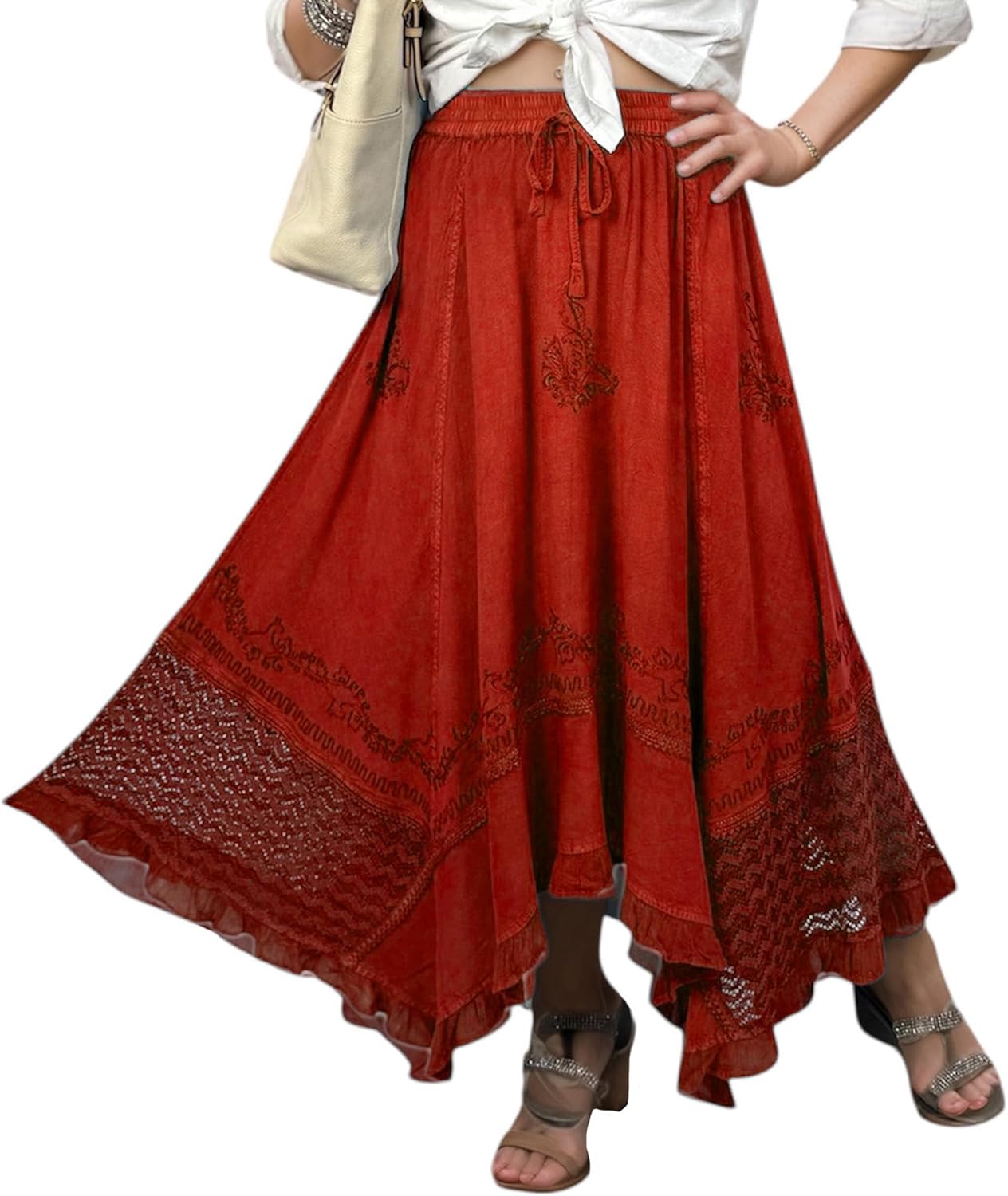 Agan Traders 2026 Summer Flowy Maxi Skirts for Women - Handkerchief Hemline Women's Skirts - Embroidered Ruffle Long Skirts