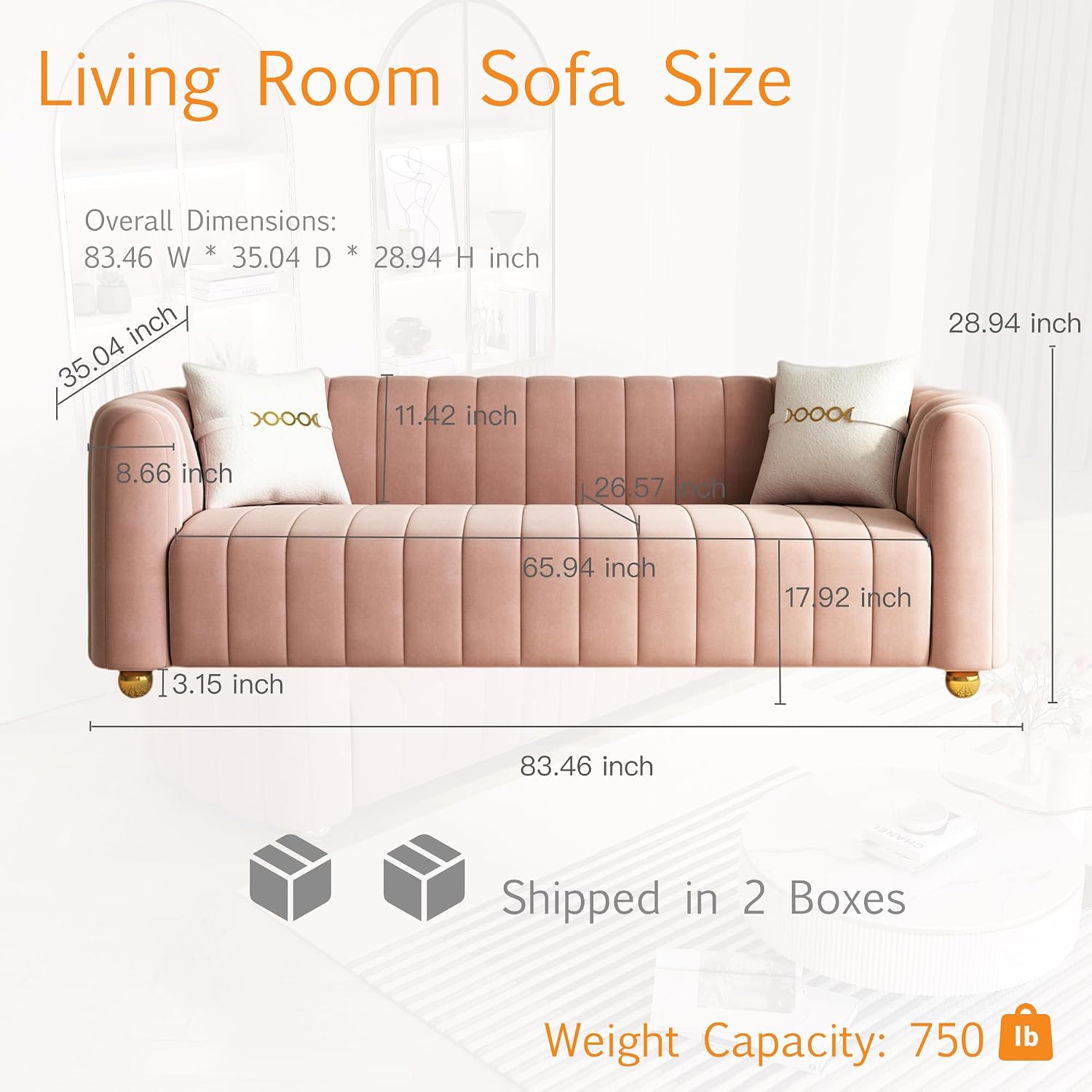 Modern 2-Piece Pink Velvet Sofa Set for Living Room, Tufted Curved Couch Set with Gold Metal Sphere Legs (Pink, 3+3 Set)
