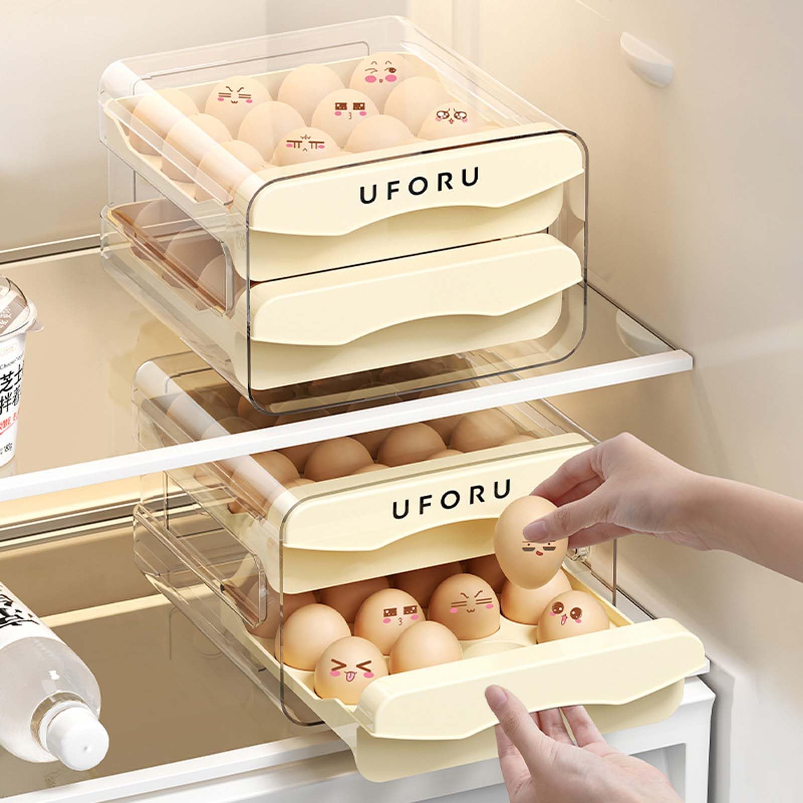Plateau à Œufs pour Réfrigérateur, 32 Grilles/2 Couches Porte-œufs pour Réfrigérateur, Tiroir à Œufs pour Frigo, Boîte de Rangement pour Œufs Frais,Transparent, Crème