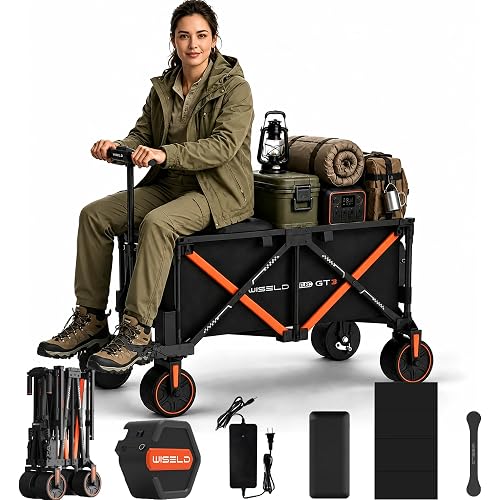 WISELD GT3 Electric Wagon Cart with Seat Battery, 772 LBS Motorized Utility Cart with All Terrain Wheels, Range 18.6 MI, 0-10 MPH, Reverse, Climb a Slope, 2 Modes for Camping Garden Beach Shopping
