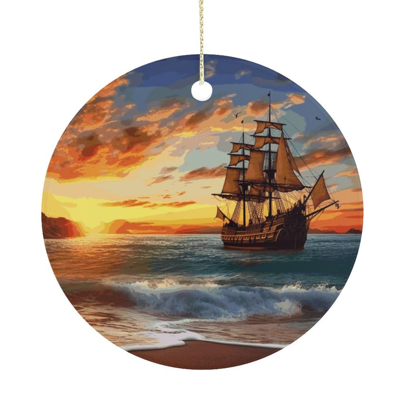 Pirate Ship in The Sunset Christmas Ornaments Colorful Round Ceramic Ornament Christmas Hanging Decor Christmas Tree Decorations Xmas Keepsake for Women Men Xmas Holiday Party