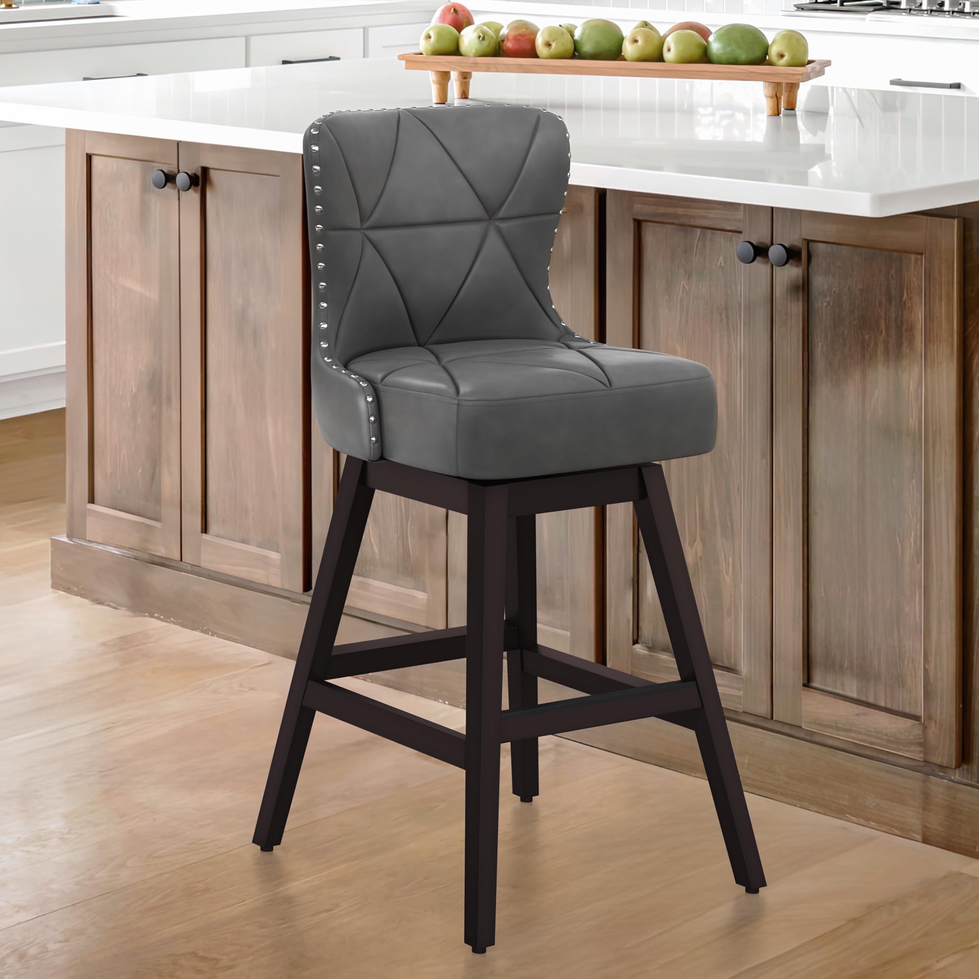 Counter Height Bar Stools, 30" H Swivel Bar Stool with Back, Faux Leather Counter Stool, Solid Wood Legs, Retro Upholstered Barstools for Kitchen Island, Home Bar, Pub, Dark Gray