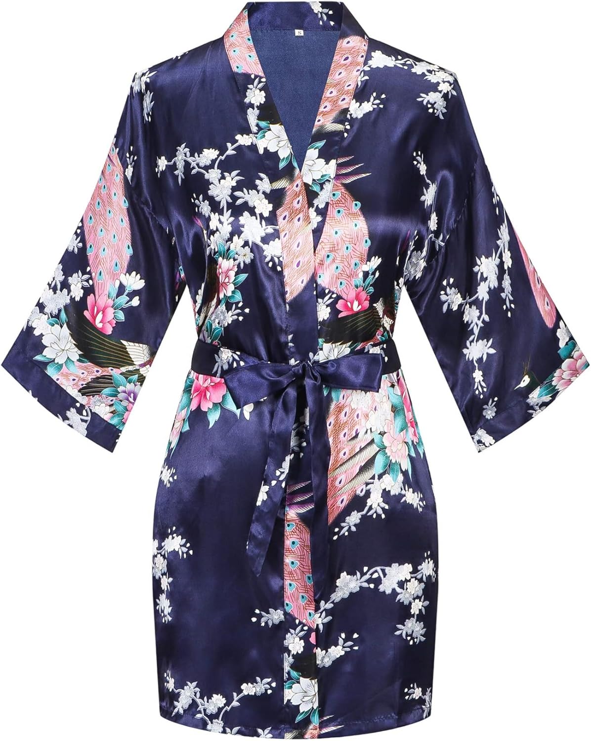 Women's Floral Kimono Satin Short Robe Peacock and Blossom Soft Bathrobe for Wedding Party Getting Ready