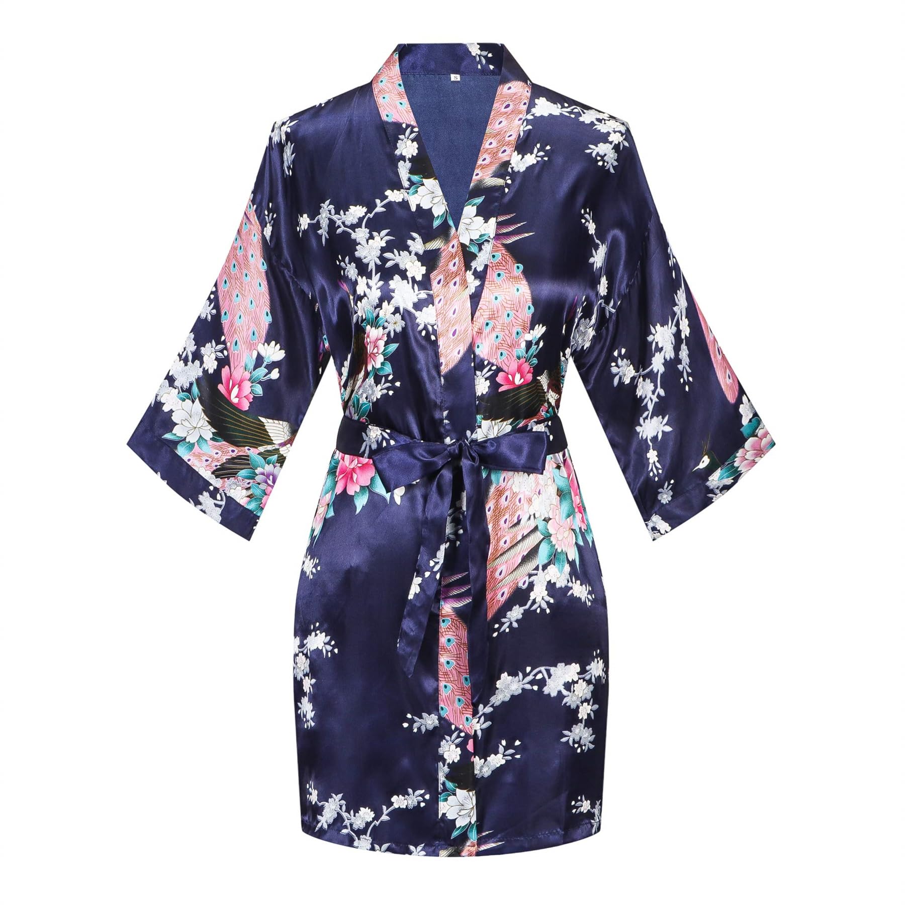 Women's Floral Kimono Satin Short Robe Peacock and Blossom Soft Bathrobe for Wedding Party Getting Ready