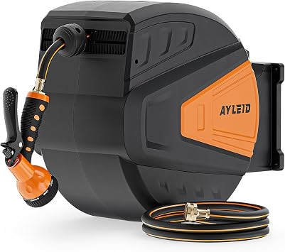 Ayleid Retractable Rubber Hybrid Garden Hose Reel, 1/2"x130ft Wall Mount | Anti-freeze, kink-free premium rubber hybrid hose, 9-pattern sprayer, any-length lock, slow auto-return.