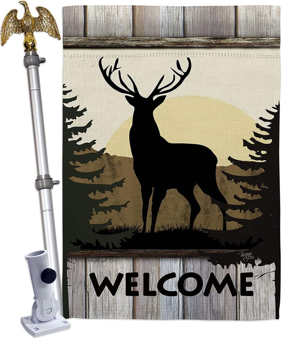 Welcome Deer House Flag Dowel Set Animals Wildlife Outdoor Bear Wolf Pet Nature Farm Animal Creature Small Decorative Gift Yard Banner Made In USA 28 X 40