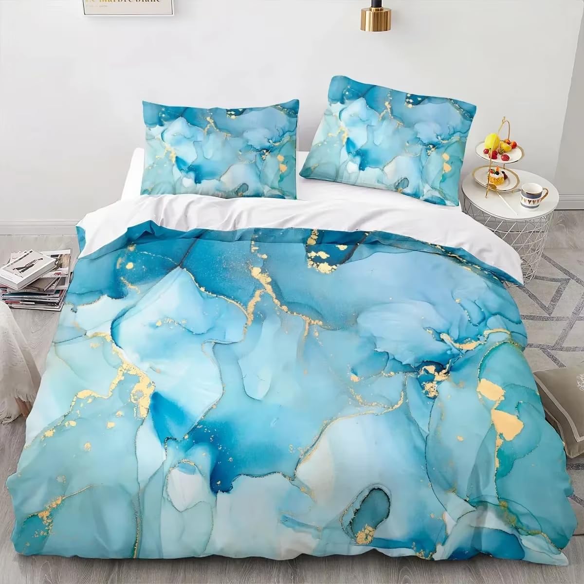 Housse de couette en marbre bleu et paillettes dorées parure de lit esthétique haut de gamme