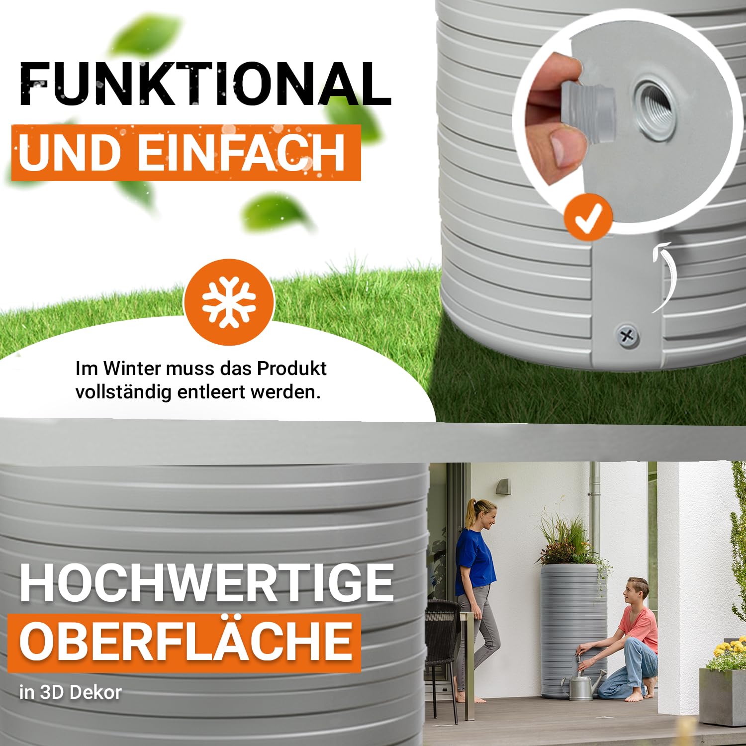 GARANTIA Nordic 2in1 Regentonne 300 Liter steingrau inkl. Pflanzschale