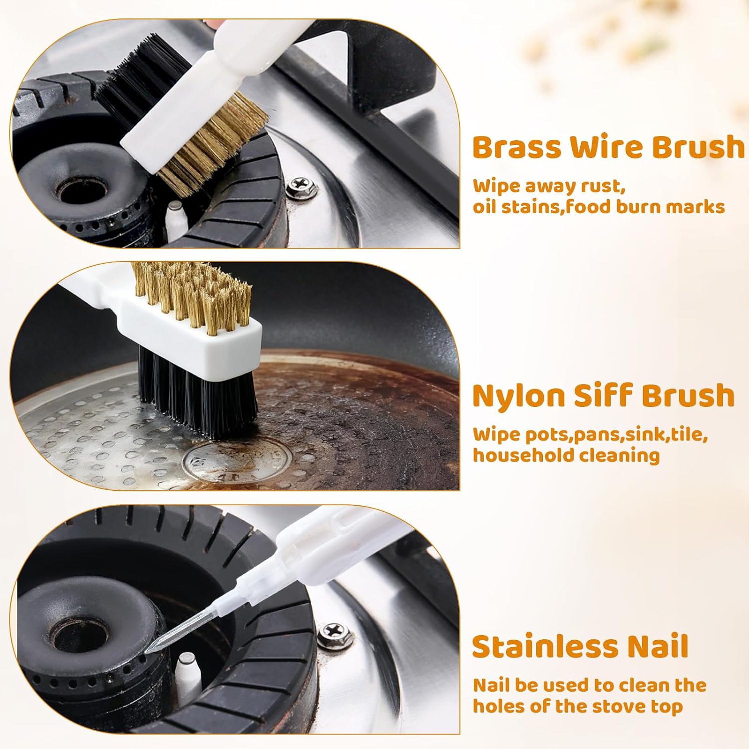 Kitchen Cleaning Scrub Brush, 4-in-1 Deep Gas Stove Top Cleaner With Brass Wire Brush, Stiff Bristles & Cooktop Scrape, Range Hood Grease Grime Rust Cleaner for Pot Pan Household Cleaning Tool