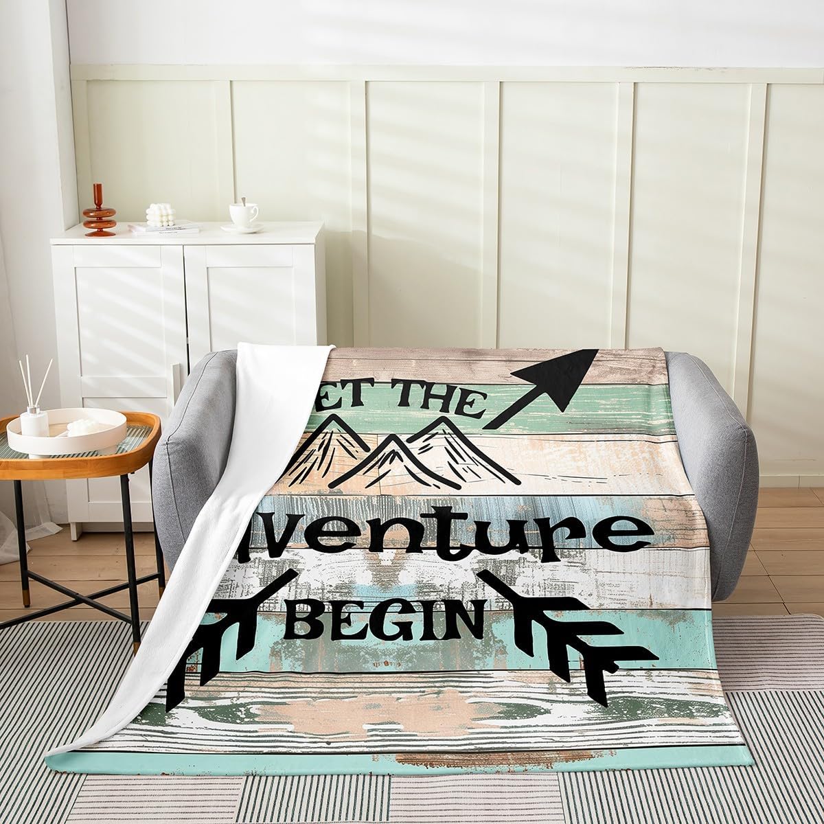 Camper Flannel Fleece Throw Blanket,All Season Happy Camping Hunting Rustic Farmhouse Style Bed Blanket Wooden Adventure Fuzzy Blanket for Bed Sofa Couch,Bedroom Decor Plush Blanket Twin 60"x80"