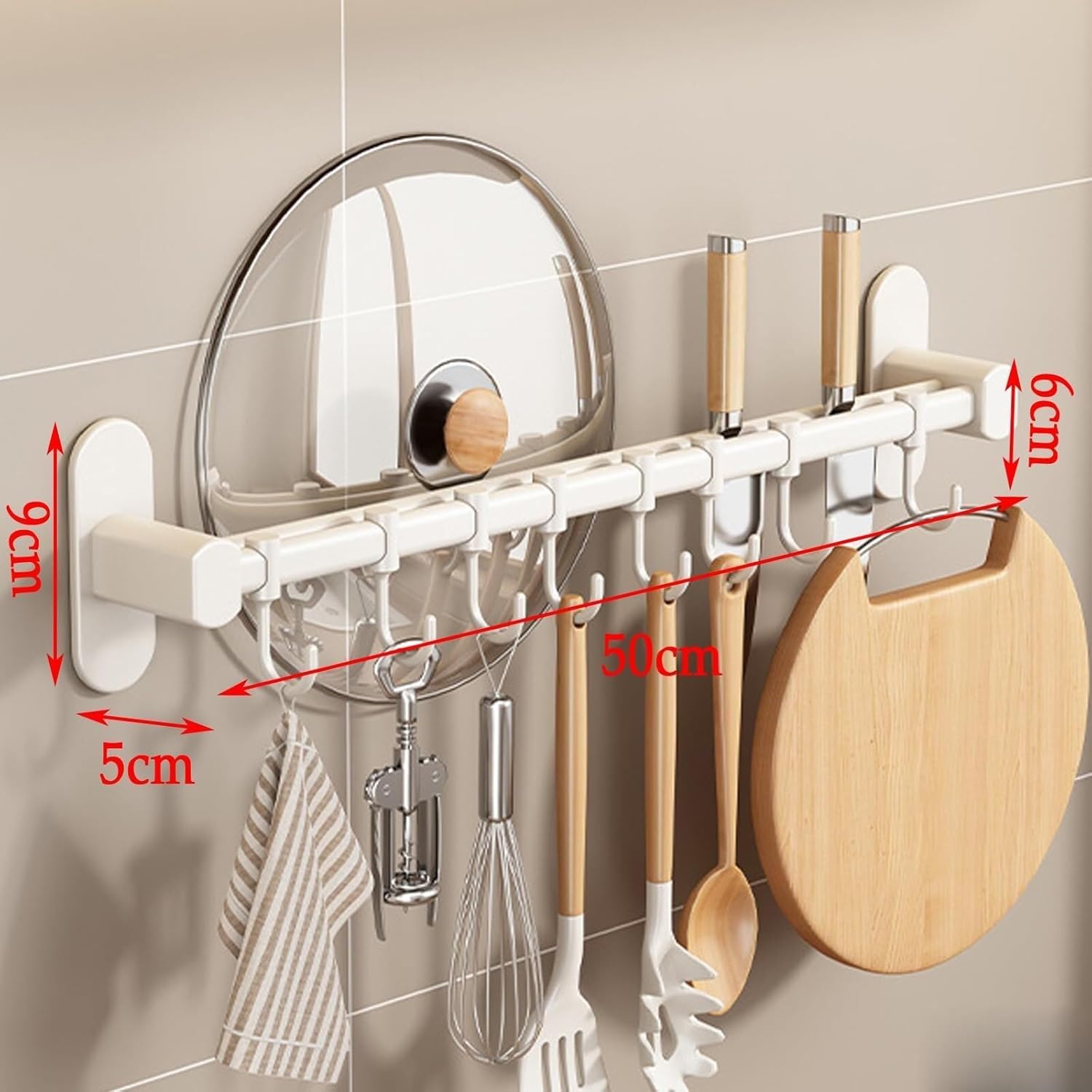 Ganci da Cucina Barra da Cucina con Ganci Portautensili Ganci da Cucina A Parete per Utensili, White, 50cm