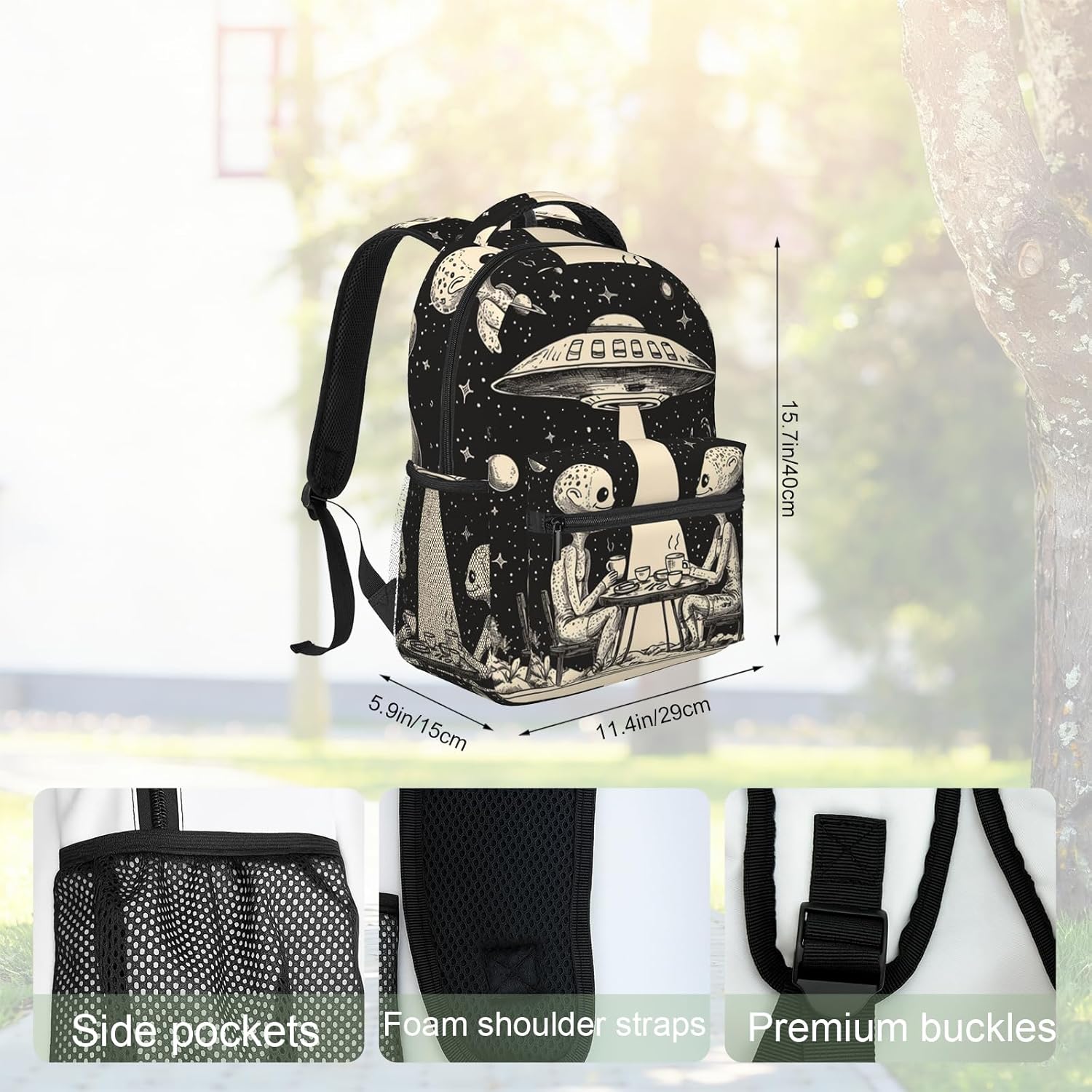 Funny Alien Coffee Backpack, UFO Design Polyester Backpacks with Straps, 11.4inx5.9inx15.7in, Multi-Pocket Storage Bookbag, Ideal For School Work Travel Hiking Camping, Boys Girls Women Gifts