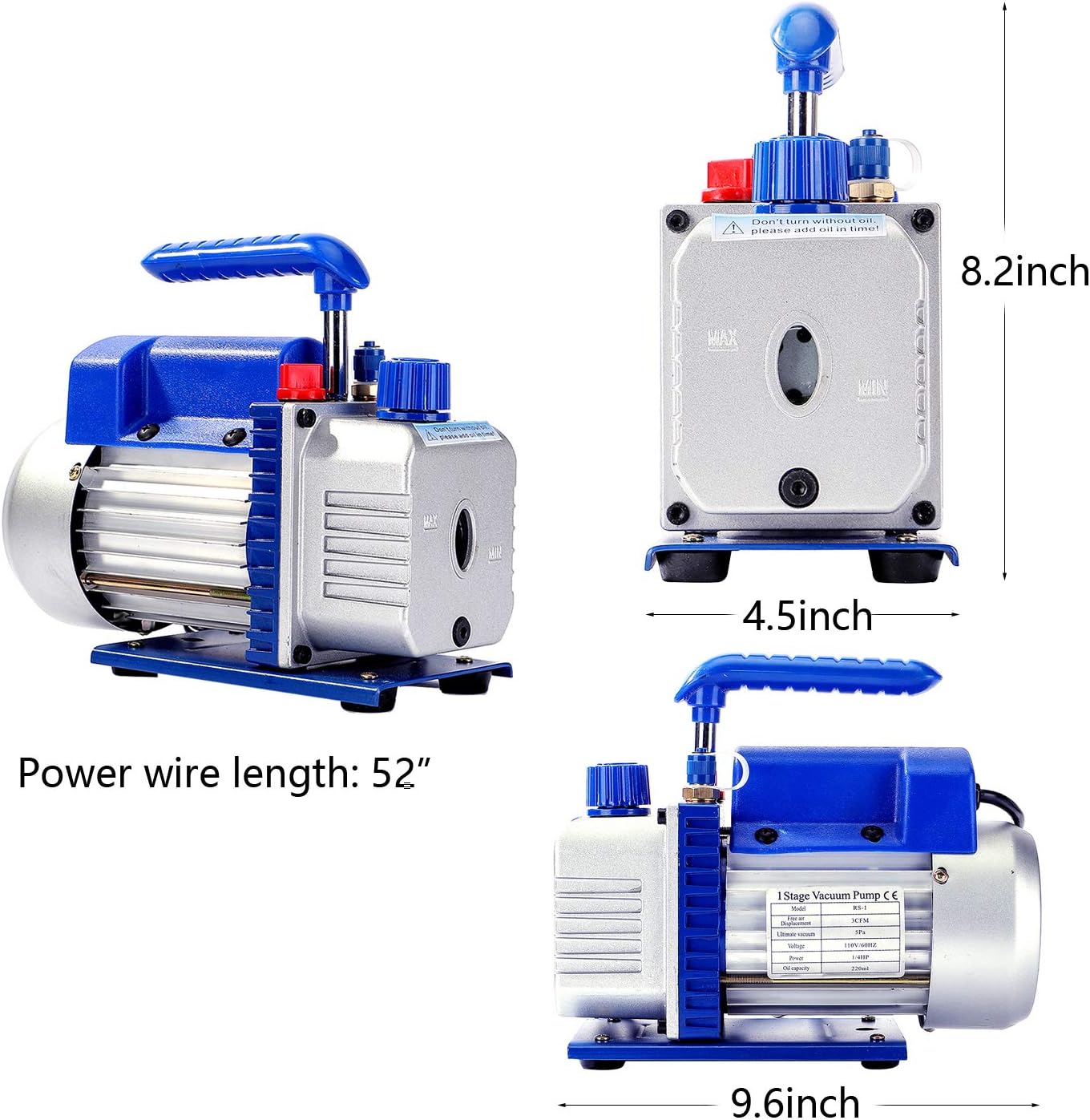 P PBAUTOS 3CFM 1/4HP Single-Stage Rotary Vane AC Vacuum Pump HVAC, Air Conditioner Maintenance, Food Packaging, Wine Degassing, Deaeration, Medical Experiment (with Oil): Industrial & Scientific