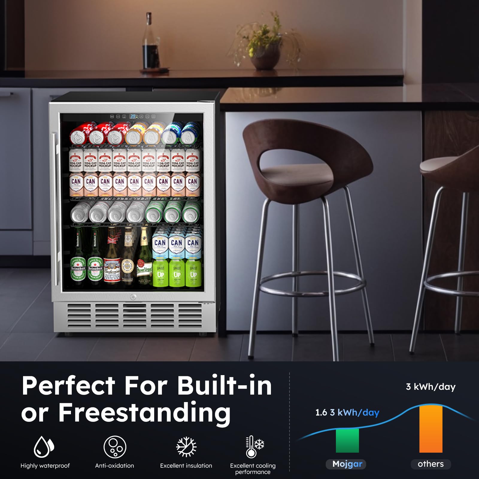 24 Inch Beverage Refrigerator, 190 Cans Built-In/Freestanding Beverage Cooler, Digital Memory Under Counter Beer Fridge With Glass Door, Safety Locks, Removeable Racks (Glass Door) on Fridge.com - View 6