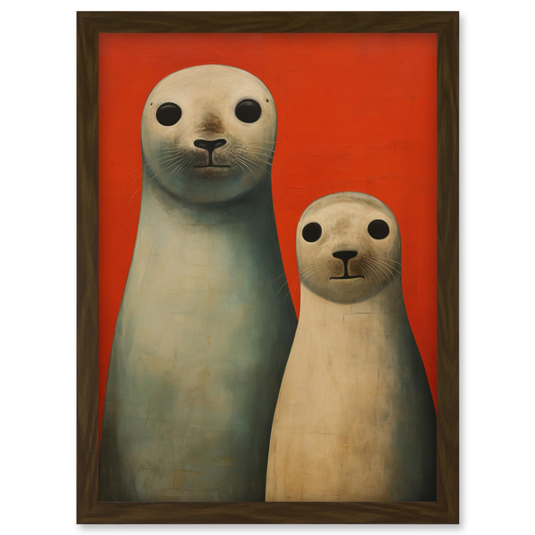Artery8 Seal Pups Portrait White Cream On Red Crimson Coral Detailed Oil Painting Artwork Framed Wall Art Print A4