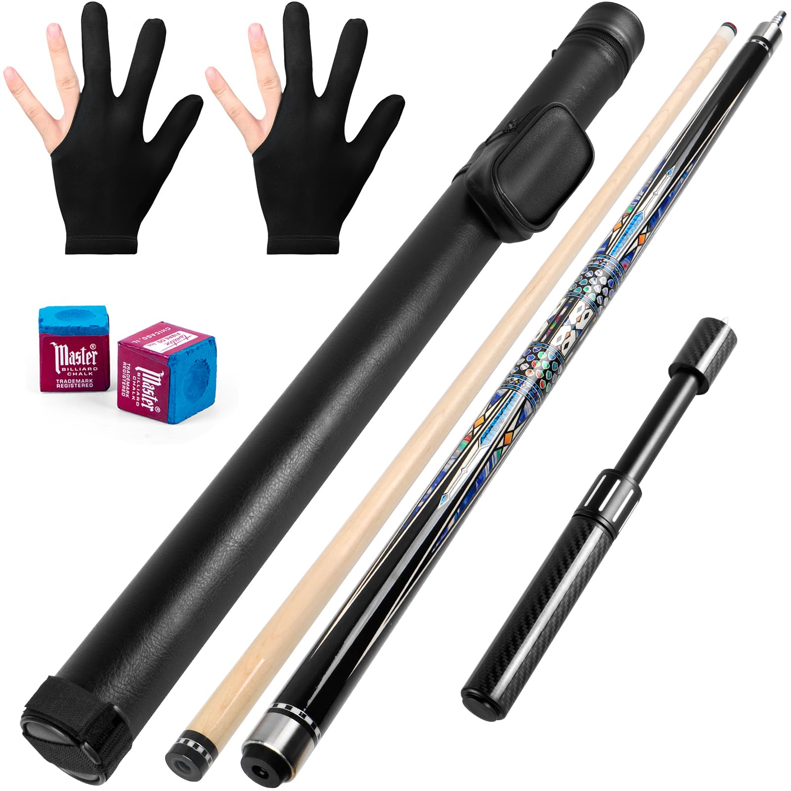 Kmise Bastone da biliardo in acero canadese con asta a bassa deflessione e prolunga telescopica in fibra di carbonio, set con custodia in pelle
