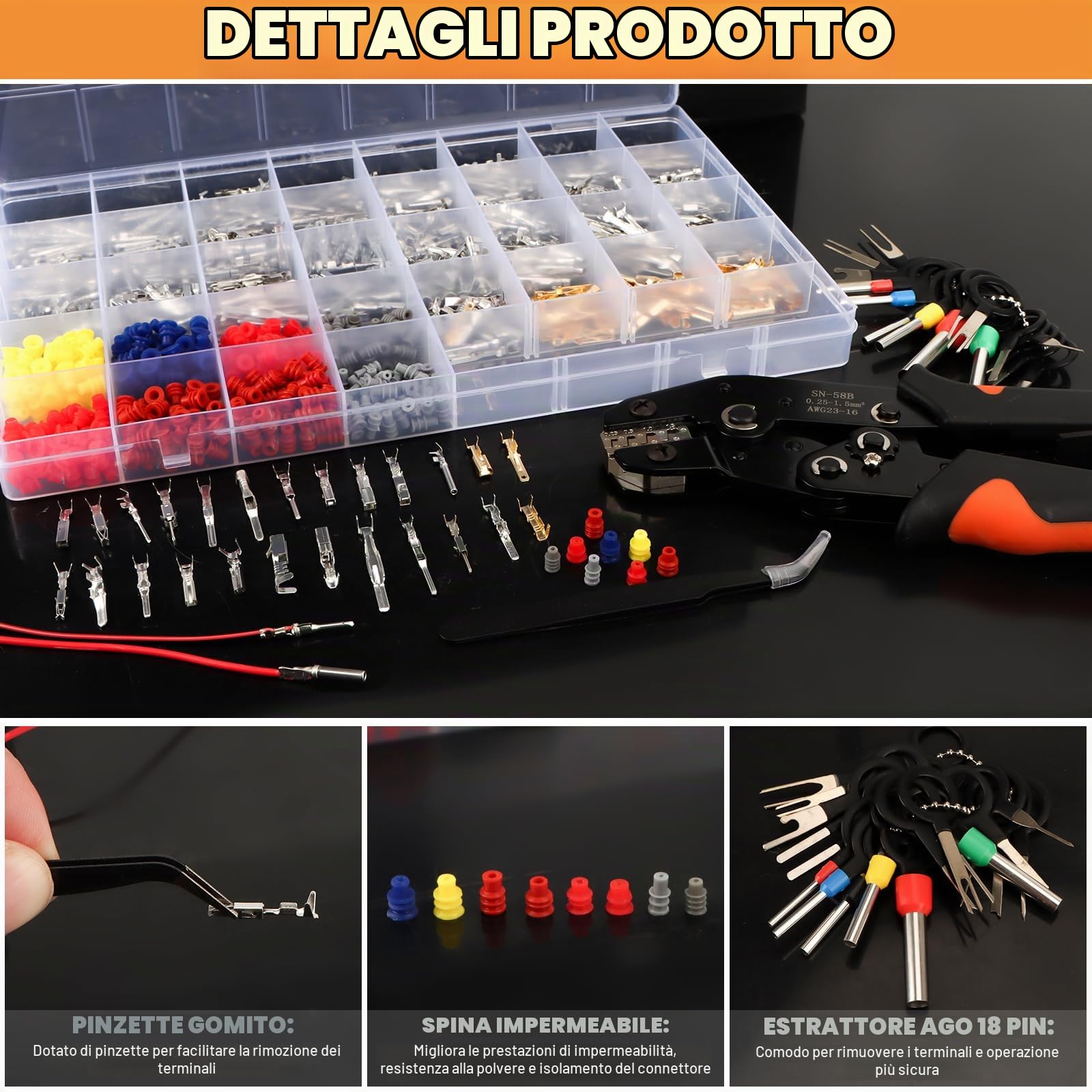Kit connettori elettrici per auto 969 pezzi con crimpatrice SN-58B, terminali 1,0–3,5 mm, tappi di tenuta e 18 strumenti di estrazione per auto e moto